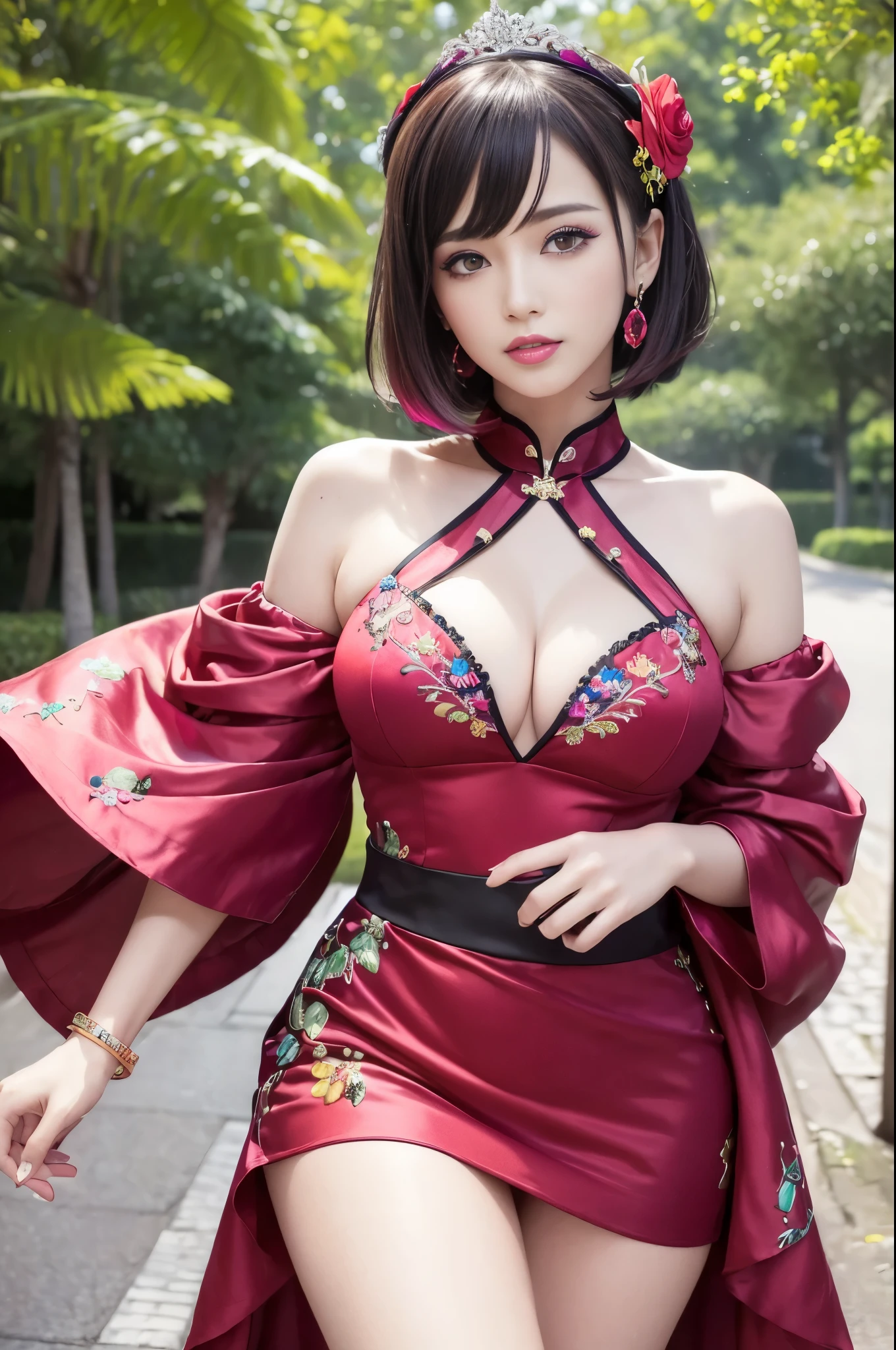 (masterpiece:1.4), (best quality:1.4), ultra high res, ultra high resolution, ((detailed facial features)), HDR, (realistic, photorealistic, photo-realistic:1.37), full body Esbian, sexy Vietnamese model, (-anime), vivid colors, ((vivid colors multicolor (red, fuchsia) very short hair)), (happy smile), lip-gloss, long lashes, ultra detailed metallic makeup, defined eyebrows, wearing large sparkling colorful jewelery, wearing a red silk Paradise Kiss cosplay dress with black floral embroidery, ((vivid colors outfit)), vivid colors, look at the camera, cinematic light, large park background with trees, sweet and sexy pose