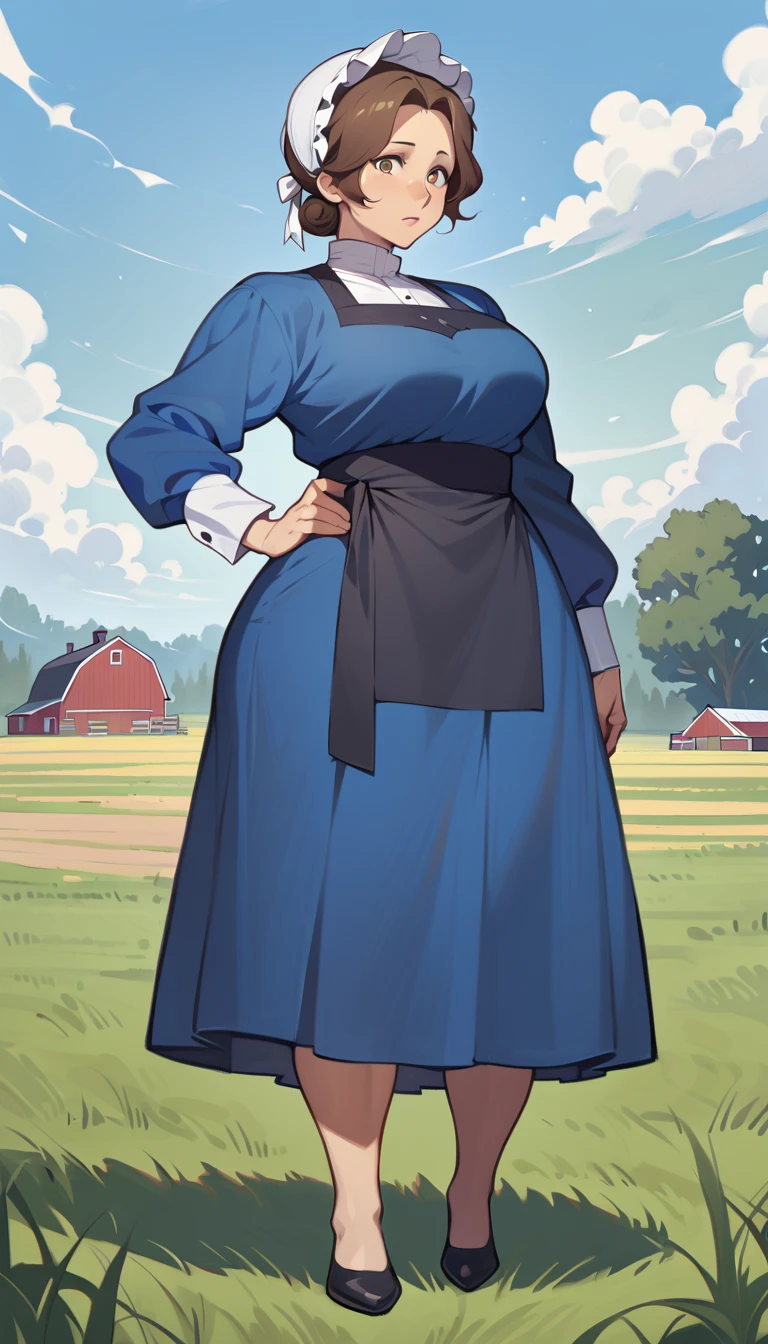 adult amish woman, 40 years old, pale skin, long sleeved blue dress, small black apron over her blue dress, full body shown, very short brown hair in a conservative sleek bun, exposed forehead, white bonnet kapp, wide hips, thick thighs, wearing simple black flats, thick legs, slightly below the knee dress, slight face wrinkles, tight sleeves, standing upright in a farm field, no makeup, round face, updo hairstyle, dress clings to hips