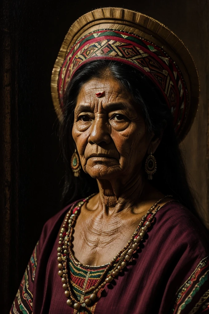 Realistic masterpiece of Mexican indigenous woman working old woman baroque painting style realism very dark background 