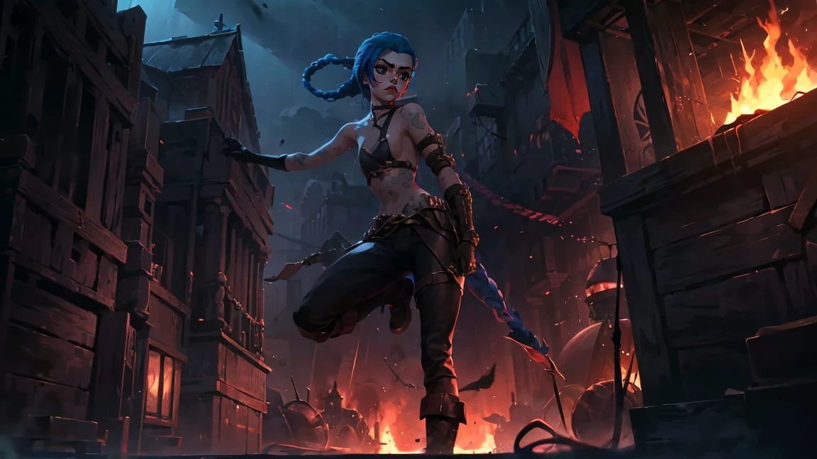 (masterpiece, Best quality), 1 girl, portrait very detailed face, very sexy, bare chest, Volume , full length (full body 1.1.), crazy look, smile, crying, pink tears, tears on the cheeks, tears from eyes, очень feminine, fighting stance, battle, fire, explosions, burning city, beautiful waist, gloomy composition, flame, fire, Flash, very beautiful, feminine, long hair, hair braided in long braids, very sexy, tight leather pants, emphasis on the eyes, emphasis on the face, Beautiful face, hands, Косаed ponytail, red purple eyes, Джинкс crying, Blue cloud tattoo, (masterpiece, Best quality), Side lighting, beautiful detailed eyes, crazy face), (Best quality), (masterpiece), magic photography, Spectacular lighting, photorealism, ultra detailed, intimate portrait composition, 1. 4,8 K UHD, aesthetic, Cd., a high resolution, 8 K, Better lighting, Best shade, Ultra-HD, a high resolution, Sharp Focus, complex background, cinematic lighting, ((Landscape view)), 4K block, (Better lighting), ((cinematic lighting)),