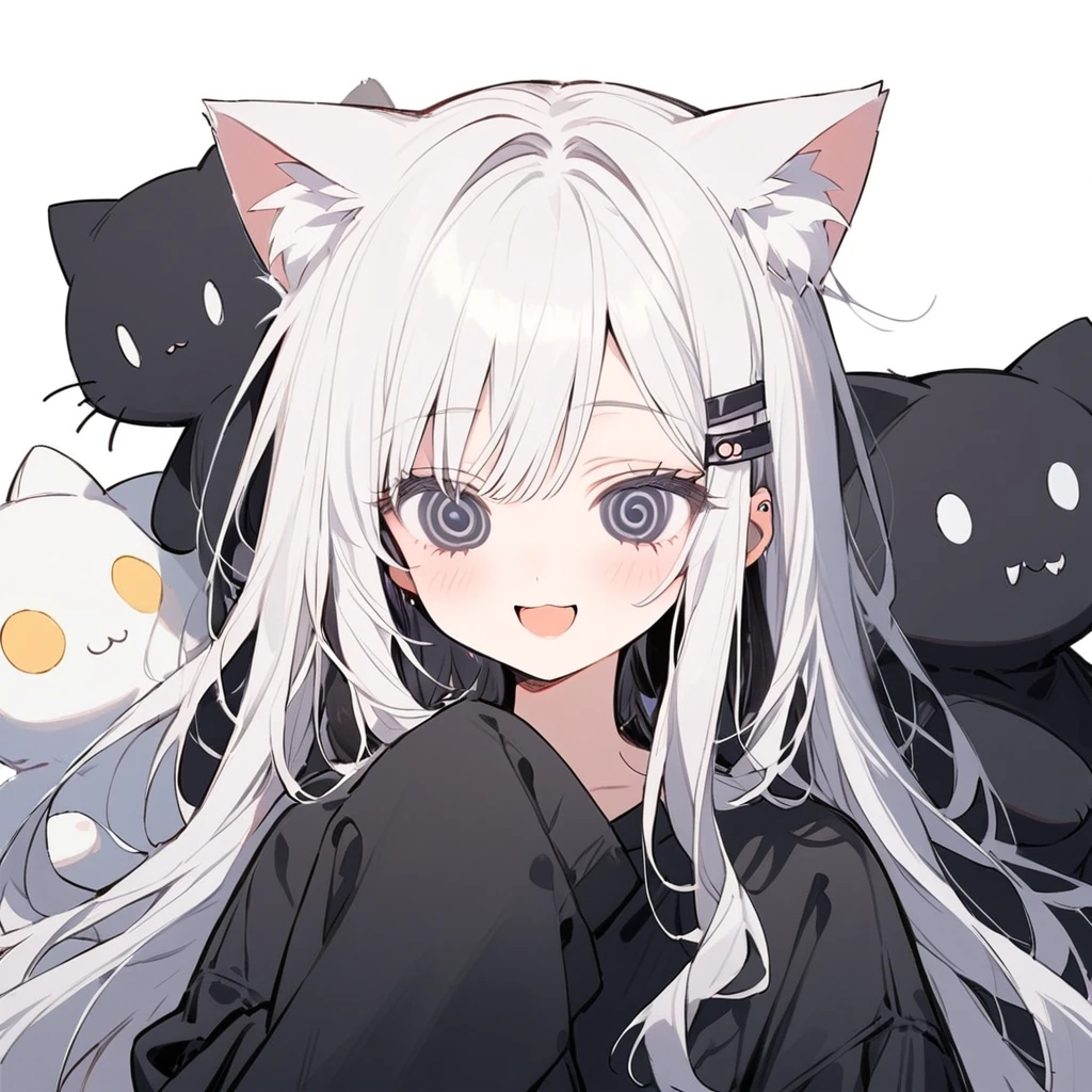 long hair, White hair, black inner hair, open mouth, smile, flustered, Illustration where the pupil does not overlap the lower lash line, The lower half of the eye is white, vacant eyes, black eyes, oversized clothes, sleeves past wrists, , black cardigan, black ribbon, piercing, stuffed animal, White background, 1girl, cat ear,solo, hairpin