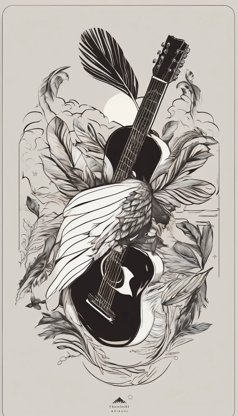 A minimal, modern, simple, cinematic logotype for the brand “Penamemoria". The logotype must be a simple, magical feather and a boy with an acoustic guitar. The logo must convey a sense of music, stories, dreams and a creative companionship between the feather and the boy. Logo design impressed on a book cover. Minimalistic logo