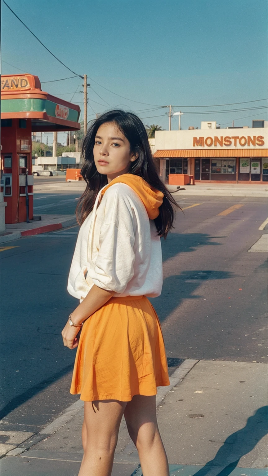 (medium shot portrait) of cute 23 yo girl ,wear ((orange color oversized_hoodie)), wear ((purple tennis skirt)),looking front,Best Quality,Masterpiece,Ultra High Resolution,(Realisticity:1.4),Original Photo, 1Girl, light leak,ultra high resolution,UHD,beautiful, (black straight hair), almond eye, no makeup, in front of ((80's blue red yellow green color gas station)), (realistic:1.2), (surreal:1.3), (very detailed:1.1), ((masterpiece)),summer, blue sky, palm trees,sunny, los angles vibes,film camera, 800mm lens,