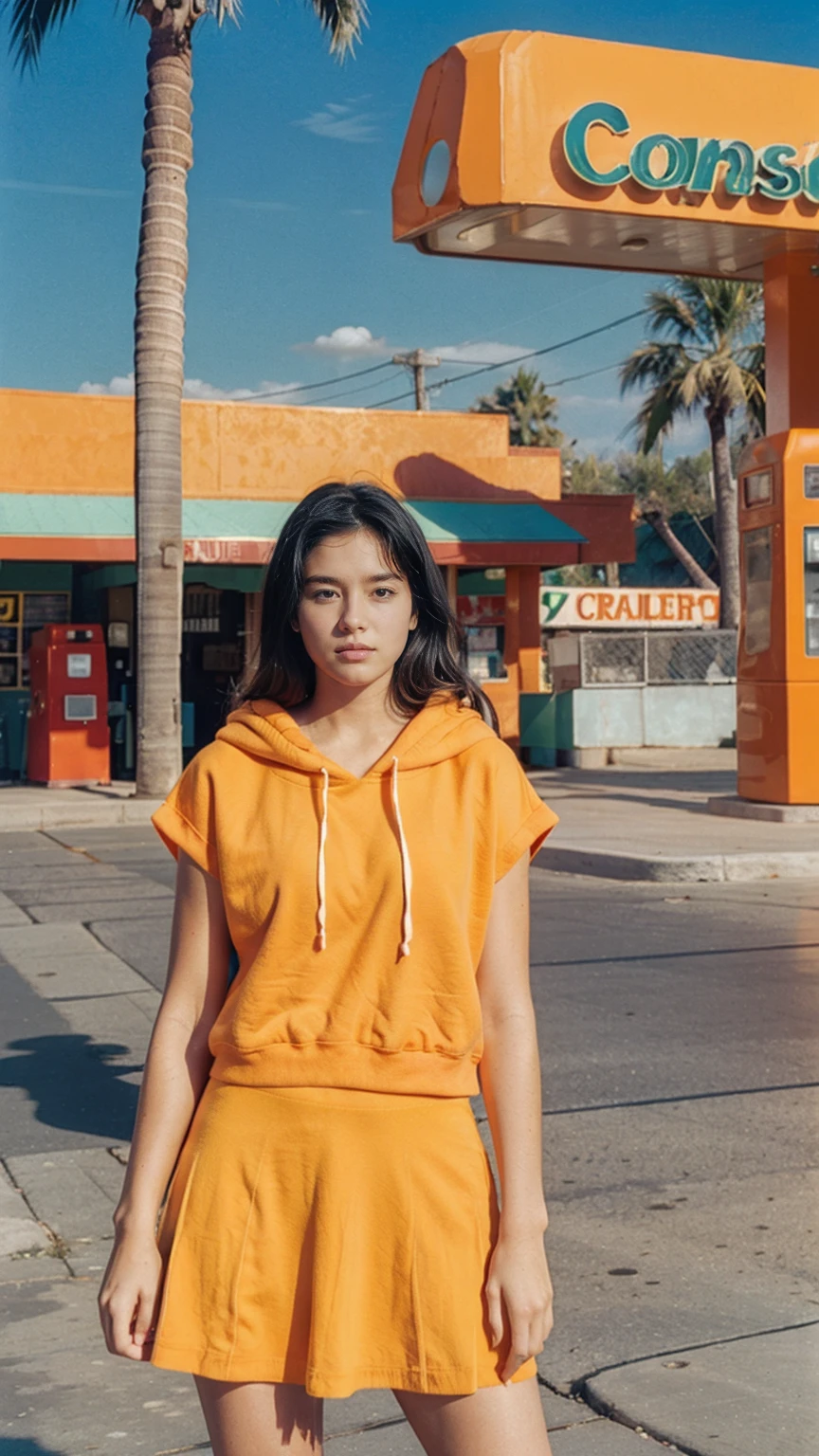 (medium shot portrait) of cute 23 yo girl ,wear ((orange color oversized_hoodie)), wear ((purple tennis skirt)),looking front,Best Quality,Masterpiece,Ultra High Resolution,(Realisticity:1.4),Original Photo, 1Girl, light leak,ultra high resolution,UHD,beautiful, (black straight hair), almond eye, no makeup, in front of ((80's blue red yellow green color gas station)), (realistic:1.2), (surreal:1.3), (very detailed:1.1), ((masterpiece)),summer, blue sky, palm trees,sunny, los angles vibes,film camera, 800mm lens,