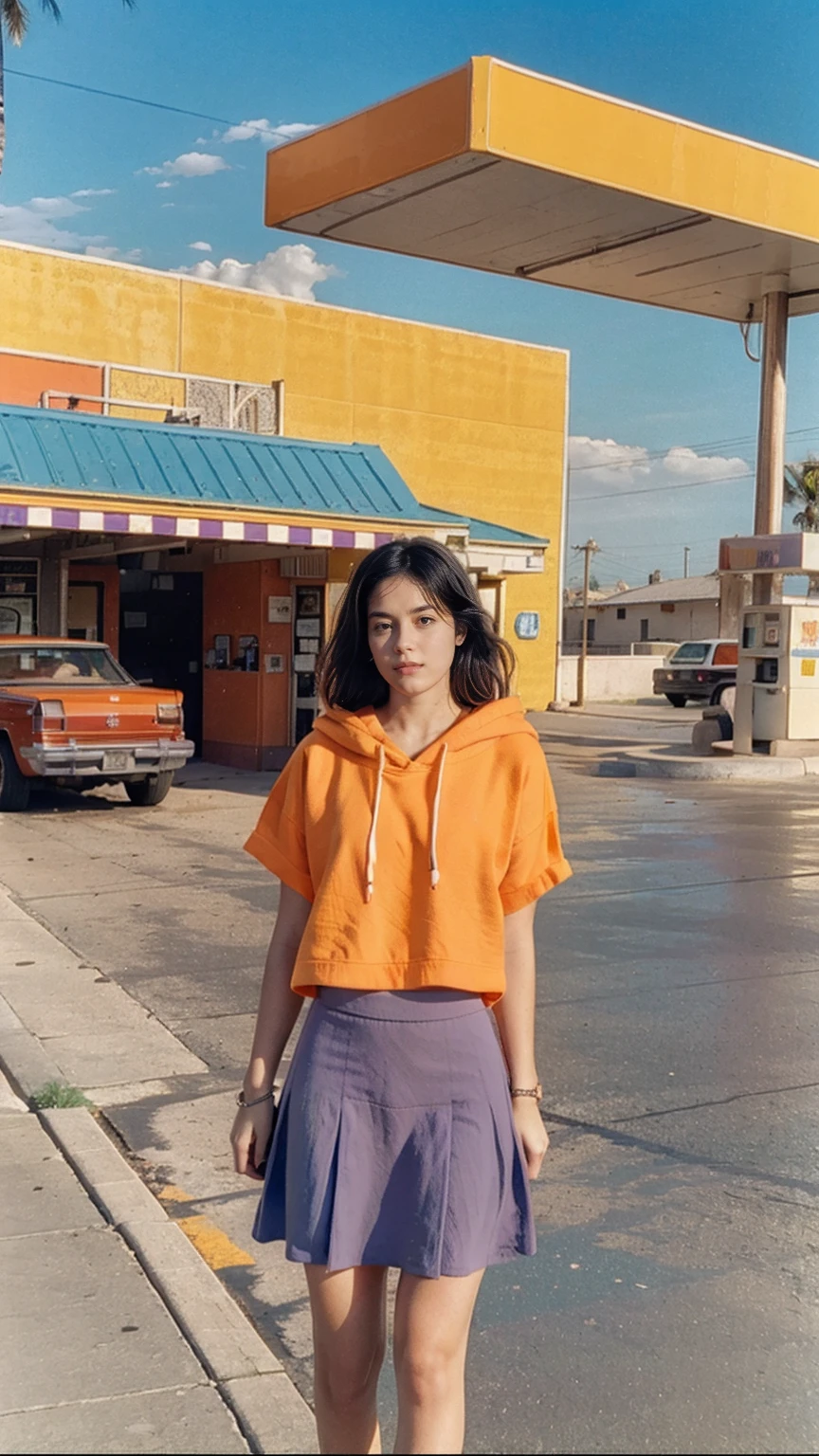 (medium shot portrait) of cute 23 yo girl ,wear ((orange color oversized_hoodie)), wear ((purple tennis skirt)),looking front,Best Quality,Masterpiece,Ultra High Resolution,(Realisticity:1.4),Original Photo, 1Girl, light leak,ultra high resolution,UHD,beautiful, (black straight hair), almond eye, no makeup, in front of ((80's blue red yellow green color gas station)), (realistic:1.2), (surreal:1.3), (very detailed:1.1), ((masterpiece)),summer, blue sky, palm trees,sunny, los angles vibes,film camera, 800mm lens,