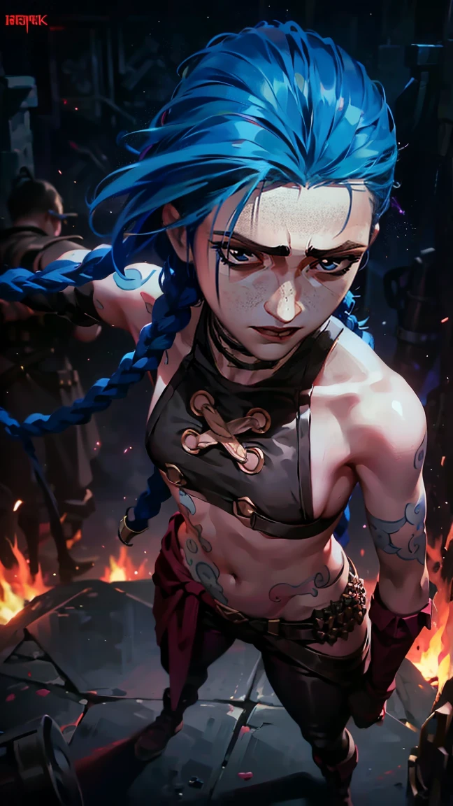 (masterpiece, Best quality), 1 girl, portrait very detailed face, very sexy, bare chest, Volume , full length (full body 1.1.), crazy look, smile, crying, pink tears, tears on the cheeks, tears from eyes, очень feminine, fighting stance, battle, fire, explosions, burning city, beautiful waist, gloomy composition, flame, fire, Flash, very beautiful, feminine, long hair, hair braided in long braids, very sexy, tight leather pants, emphasis on the eyes, emphasis on the face, Beautiful face, hands, Косаed ponytail, red purple eyes, Джинкс crying, Blue cloud tattoo, (masterpiece, Best quality), Side lighting, beautiful detailed eyes, crazy face), (Best quality), (masterpiece), magic photography, Spectacular lighting, photorealism, ultra detailed, intimate portrait composition, 1. 4,8 K UHD, aesthetic, Cd., a high resolution, 8 K, Better lighting, Best shade, Ultra-HD, a high resolution, Sharp Focus, complex background, cinematic lighting, ((Landscape view)), 4K block, (Better lighting), ((cinematic lighting)),