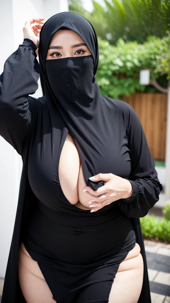 8K, high quality, nice lighting, soft lighting, detail fingers, perfect hand, realistic, dark eyes, sexy, big breasts, thighs, wide hips, muscular, malaysia, black dress, long sleeves, Jewelry, sexy lady, asian, hijab, niqab, sexy pose, showing big thighs, nice body, natural largest breast, wearing wedding rings, hand sock, office girl, mature big body, outdoor, sexy posing
