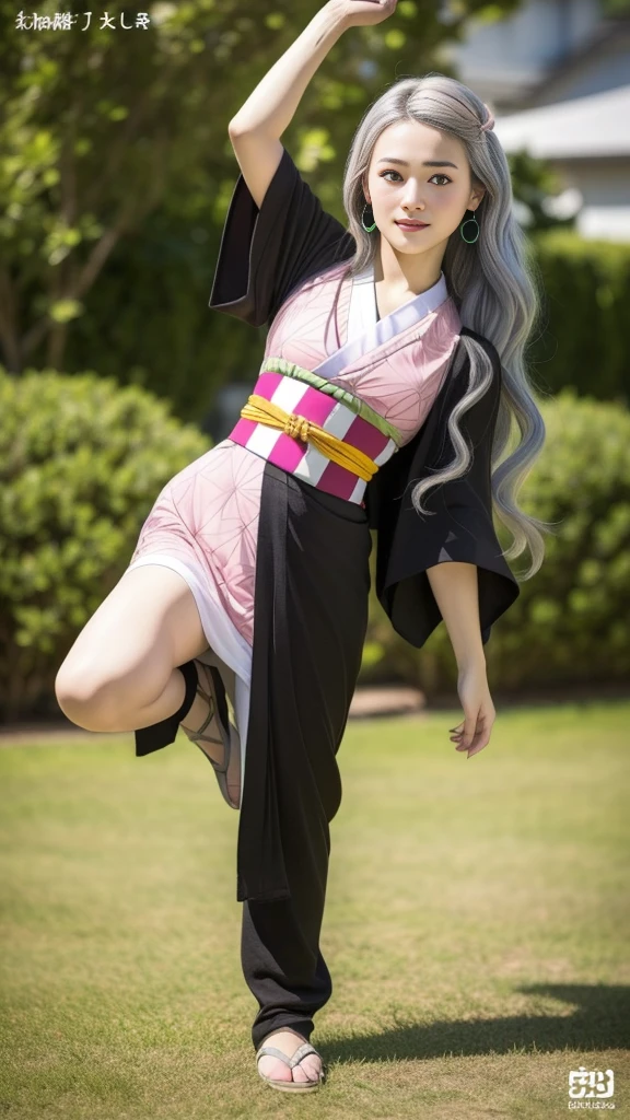 Cute Japanese woman, (16 years old), (very cute face), white moist skin, (pink bright eyes: 1.6), (full body: 1.4),
BREAK,
(very beautiful berserker: 1.3), (kicking: 1.3), ninja pose, Japanese sword,
BREAK,
earrings, short length, (black grass tattoo on body: 1.3), (full body: 1.4),
BREAK,
(cute kimono: 1.2), (black haori: 1.2), (crowd),
BREAK,
(super long hair), (light grey hair: 1.4), (gradient hair: 1.3), (red tips: 1.3),
BREAK,
(realistic: 1.3), masterpiece, perfect lighting, (ultra high resolution), (8K), (highly detailed: 1.4), (full body: 1.4), (symmetrical: 1.2), (one shot),
BREAK,
(city in Japan: 1.2), (Crowded),
BREAK,
(Demon Slayer: Kimetsu no Yaiba: 1.4), (Haruka Ayase), (Nezuko Kamado),