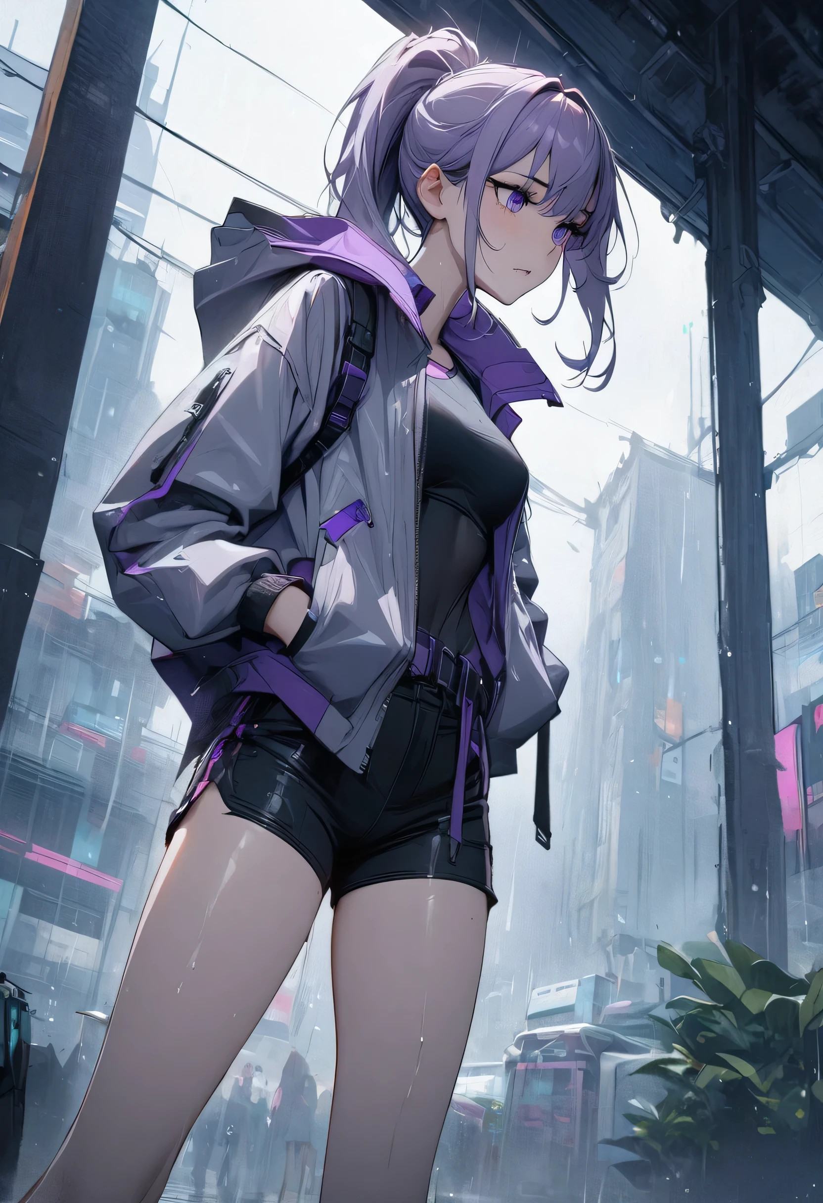 Young girl lavender hair high ponytail purple eyes cyberpunk functional jacket shorts high quality masterpiece rainy day