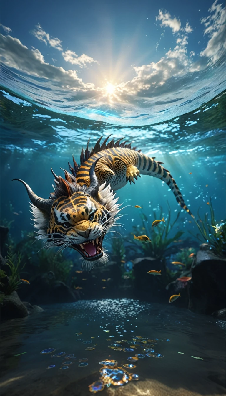 水中的一种Fantasy Creatures(best quality，4K，8k，High level，masterpiece：1.2），Ultra Detailed，（lifelike，Photo real，Photo real：1.37），Highly detailed animals，Complex patterns，Realistic lighting，Fantasy Creatures