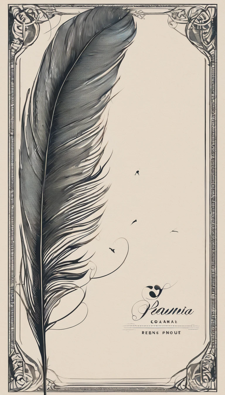 A minimal, modern, simple, cinematic logotype for the brand “Penamemoria". The logotype must be a simple, magical feather and a boy playing acoustic guitar. The logo must convey a sense of music, stories and dreams. Logo design impressed on a book cover. Minimalistic logo