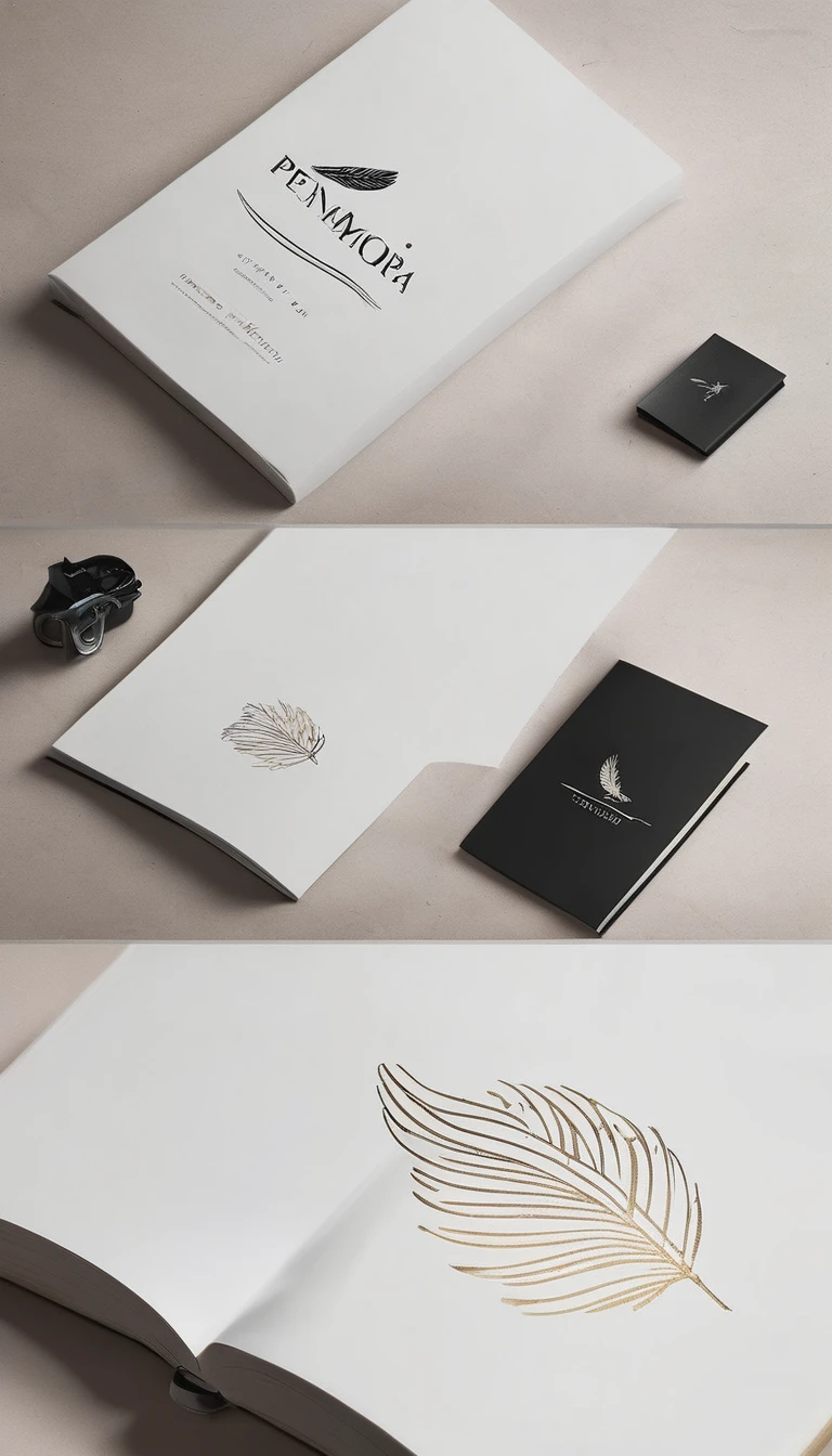 A minimal, modern, simple, cinematic logotype for the brand “Penamemoria". The logotype must be a simple, magical feather and a boy playing acoustic guitar. The logo must convey a sense of music, stories and dreams. Logo design impressed on a book cover. Minimalistic logo