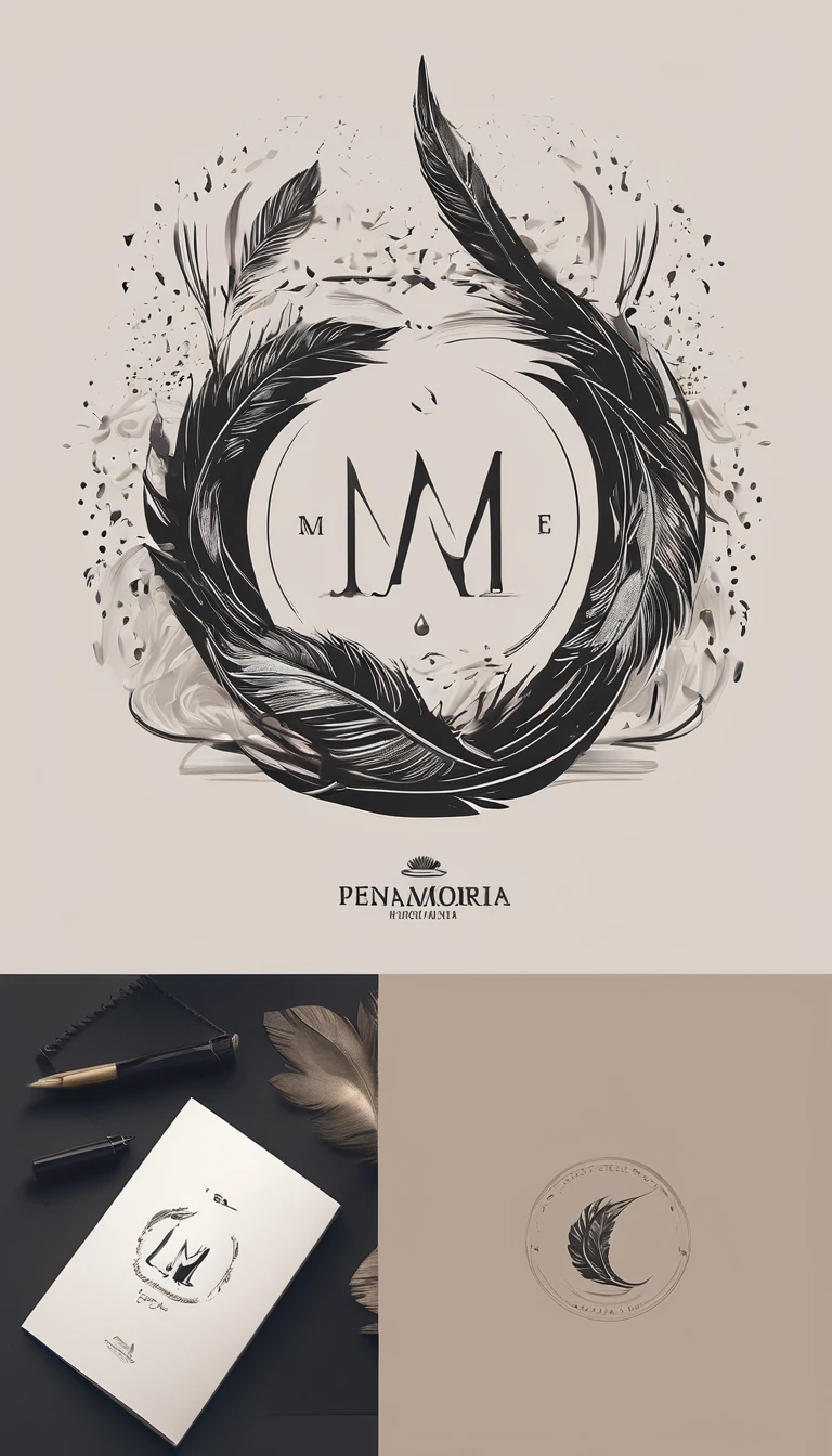 A minimal, modern, simple, cinematic logotype for the brand “Penamemoria". The logotype must be a simple, magical feather and a boy playing acoustic guitar. The logo must convey a sense of music, stories and dreams. Logo design impressed on a book cover. Minimalistic logo