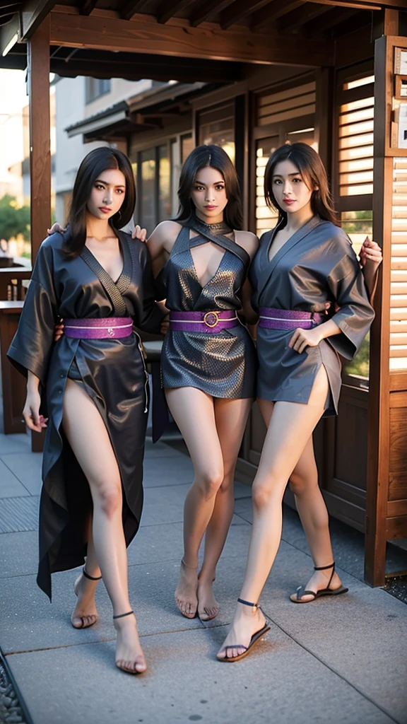 A group of blonde Female ninja wearing short kimono in fishnet with sexy bare feet and toes exposed with boob cleavage showing walking in a jungle holding a katana