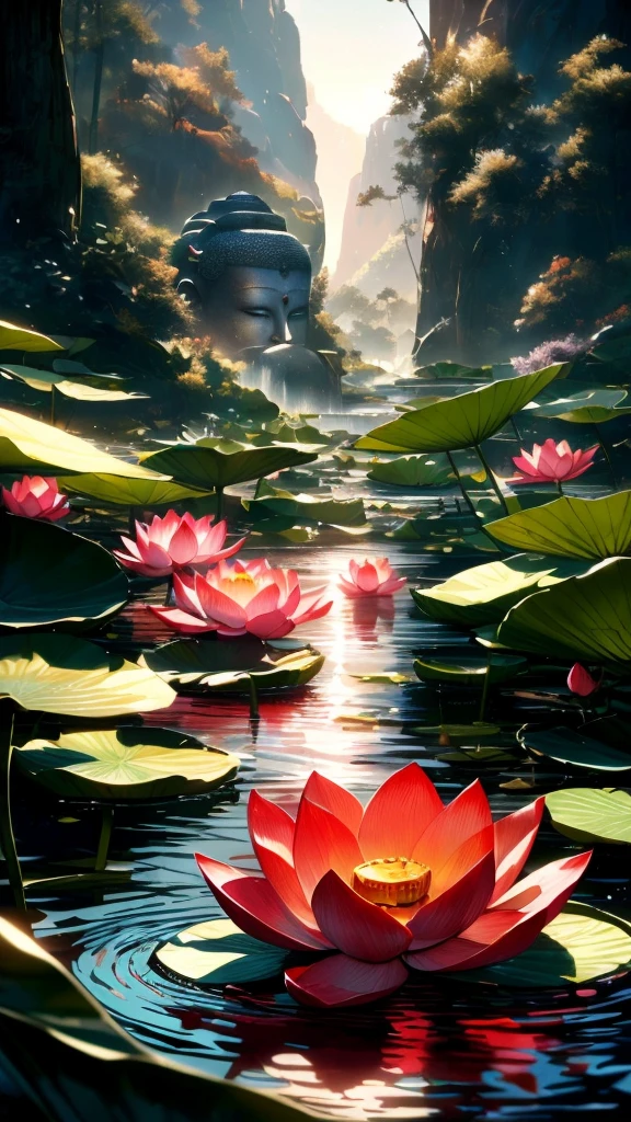 there is a painting of a lotus flower in a pond, lotus pond, Beautiful iPhone Wallpapers, Beautiful art UHD 4K, Beautiful digital artwork, lotus flowers on the water, lotus flowers, Amazing wallpapers, Anime beautiful peaceful scene, Li Song, lotus, with lotus flowers, Surreal Waizi Flowers, standing gracefully upon a lotus, Beautifully depicted