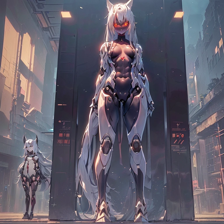 (Fox Girl, Fox Ears, Silver Hair, Fox Makeup, One Girl, Long Hair, Alone on the screen, dark skin, High definition, high resolution:1.6), (mecha musume, Machinery Parts,Robot Joints, White and red clothes, face以outside全身機械スーツ:1.8), (Body measurements are 75-60-75!, Young girl body, Small breasts, Proudly, Standing posture, slender, muscle:1.9), Avatar, face, 色っぽいface, Dominant representation, naughty face, Uplifting, Skin Texture, outside, ruins, Ruined City, Broken Building, There are no people