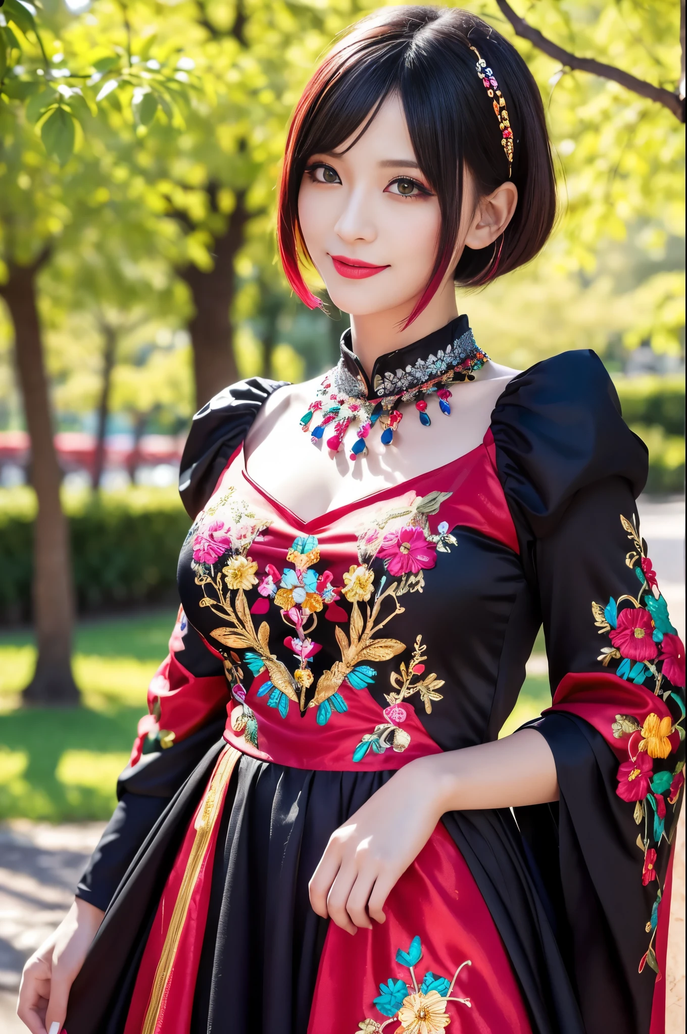 (masterpiece:1.4), (best quality:1.4), ultra high res, ultra high resolution, ((detailed facial features)), HDR, (realistic, photorealistic, photo-realistic:1.37), full body Esbian, sexy swedish model, (-anime), only 1 model, vivid colors, ((vivid colors colorful very short hair)), (happy smile), lip-gloss, long lashes, gothic makeup, defined eyebrows, wearing large sparkling colorful jewelery, wearing a red silk Paradise Kiss cosplay dress with black floral embroidery, ((vivid colors outfit)), vivid colors, look at the camera, cinematic light, large park background with trees, sweet and sexy pose
