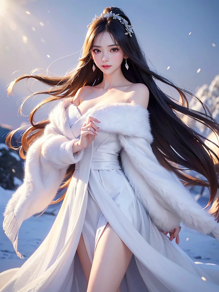 ((masterpiece:1.5、8k、Portraiture、フォトリアリスティックでVery detailedなCG、Very detailed、Particle Effects、Dynamic Effects、Shallow depth of field、Cinematic Light、Lens flare、Ray Tracing、Tabletop、Realistic:1.4、Ultra-high resolution:1.2、Realistic、Realistic))((alone、,Woman wearing a white fur coat over an off-the-shoulder sweater:1.4、wear a long scarf、Elegant woman posing:、Detailed face、bright表情、young, bright, Whiter skin、Ample breasts、Best Looks、Ultimate beauty、Shiny silver hair with highlights、bright and shiny hair,、Super long, Silky straight hair、Hair dancing in the wind))(morning、The setting is outdoors in the snow、Surrounded by illuminations)