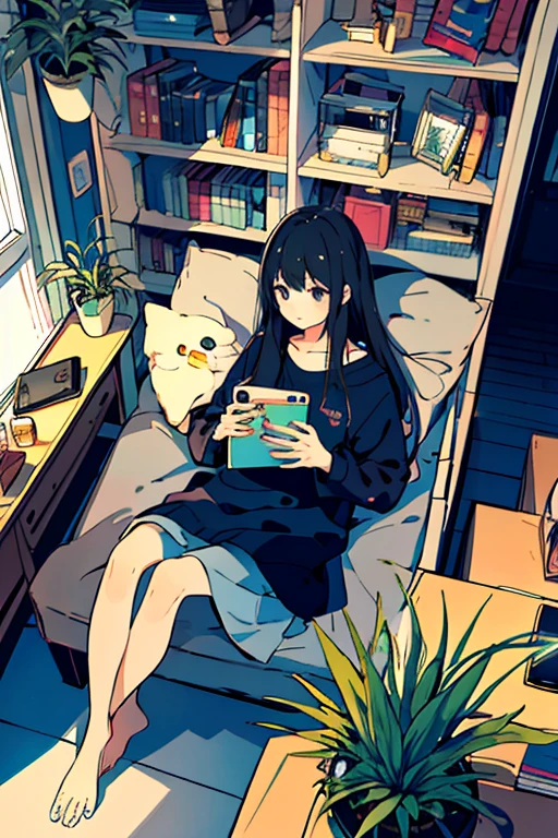One Girl, From above, plant, Black Hair, Cat, Lying down, indoor, Holding, Long sleeve, Long Hair, 動物のstuffed toy, potted plant, Book, food, window, Telephone, Extensive interior, tv set, short hair, behind, stuffed toy, bangs, slipper, barefoot, Sitting, Bookcase, shelf, cable, computer