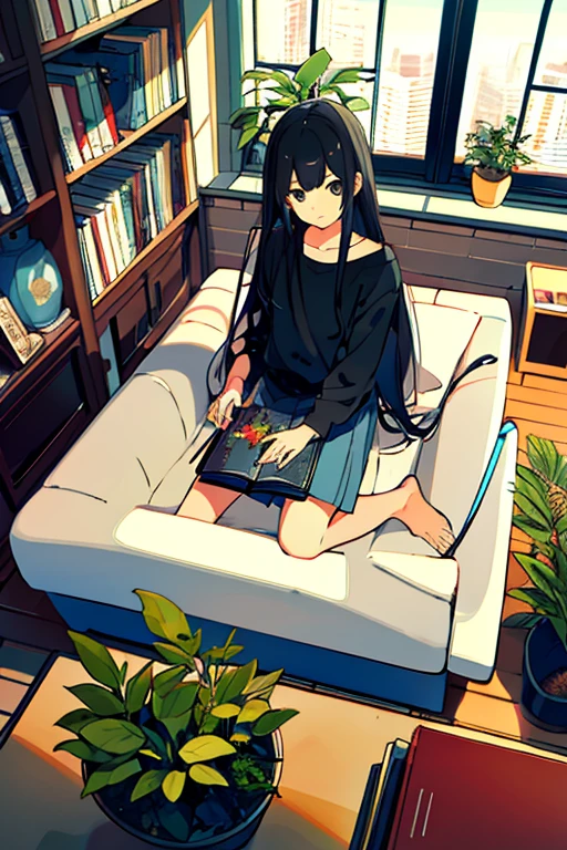 One Girl, From above, plant, Black Hair, Cat, Lying down, indoor, Holding, Long sleeve, Long Hair, 動物のstuffed toy, potted plant, Book, food, window, Telephone, Extensive interior, tv set, short hair, behind, stuffed toy, bangs, slipper, barefoot, Sitting, Bookcase, shelf, cable, computer