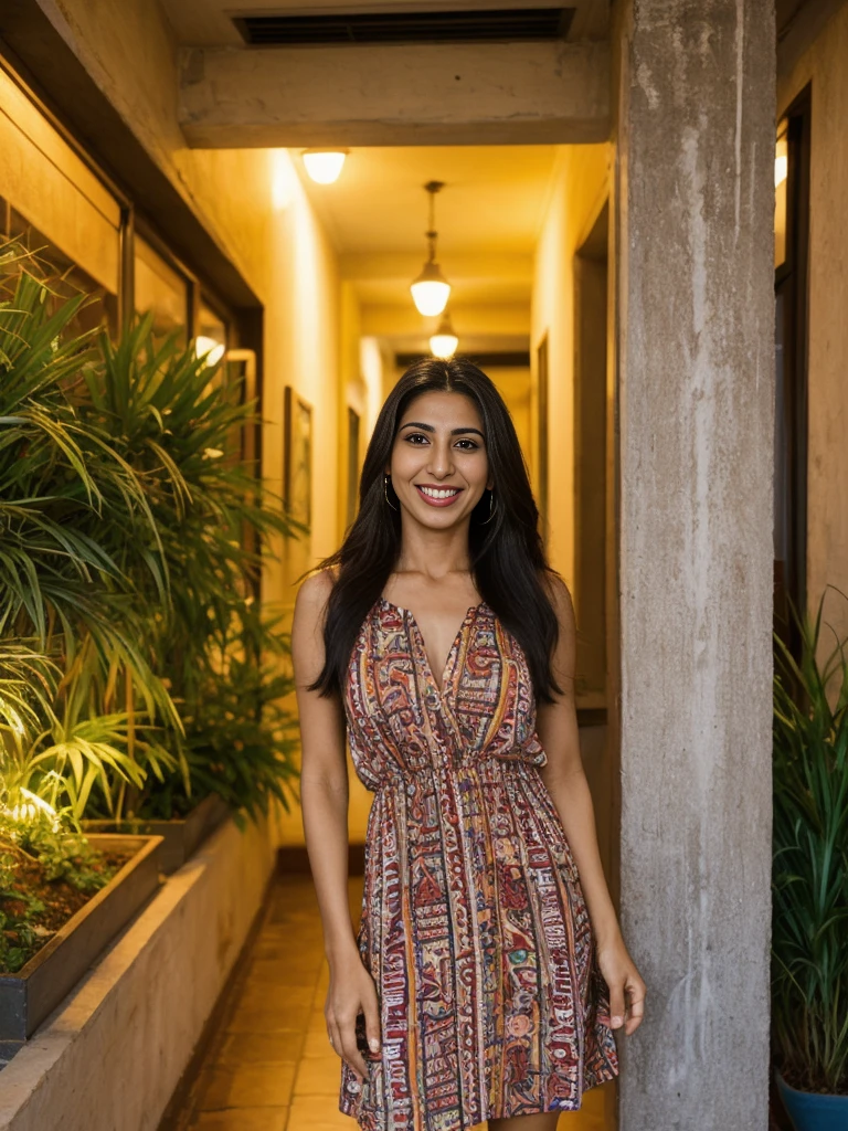 Rania, 1girl, solo, ((Egyptian woman)), consistent face and body, (()), ((30 years old)), (matu(slim)), ((Egyptian face)), (Egyptian nose), (Egyptian lips), long straight hair, upper body and upper legs, (background: Beirut vibrant nightlife), BREAK, (wearing printed dress clothes), smiling with teeth