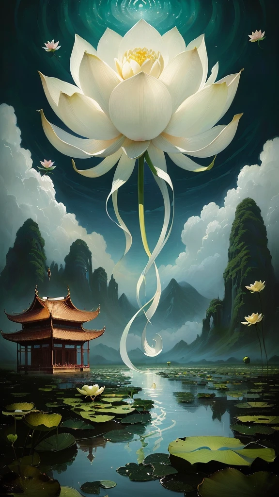 painting of a lotus flower with a long stem in the middle of a body of water, lotus, sitting on a lotus flower, standing gracefully upon a lotus, standing on a lotus, Inspired by Christoph Wach, Rob Reay and Kentaro Miura, By Vladimir Kush (vladimir who) of inspiration, lotus flower, Surreal Waizi Flowers, lotus pond