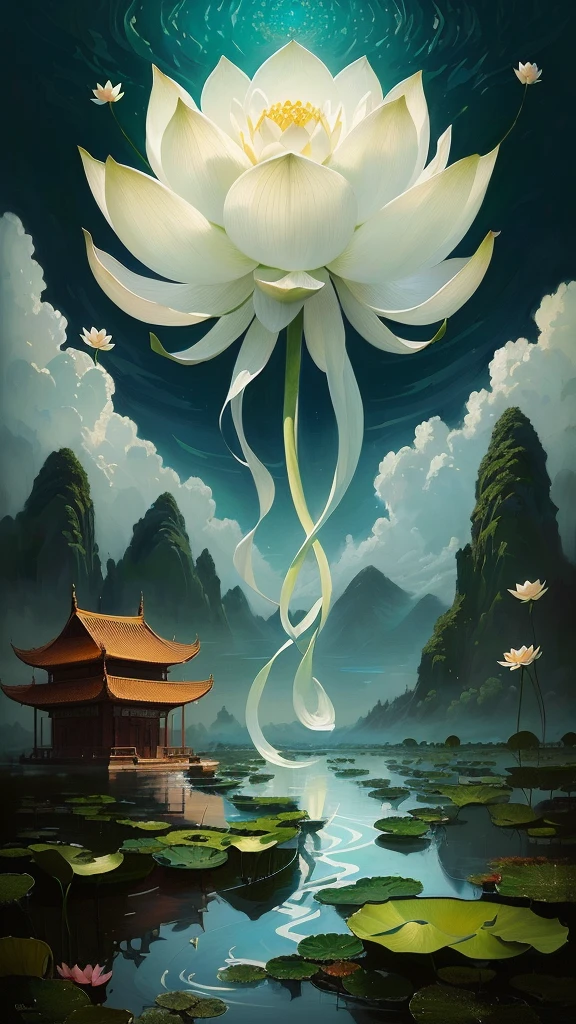 painting of a lotus flower with a long stem in the middle of a body of water, lotus, sitting on a lotus flower, standing gracefully upon a lotus, standing on a lotus, Inspired by Christoph Wach, Rob Reay and Kentaro Miura, By Vladimir Kush (vladimir who) of inspiration, lotus flower, Surreal Waizi Flowers, lotus pond