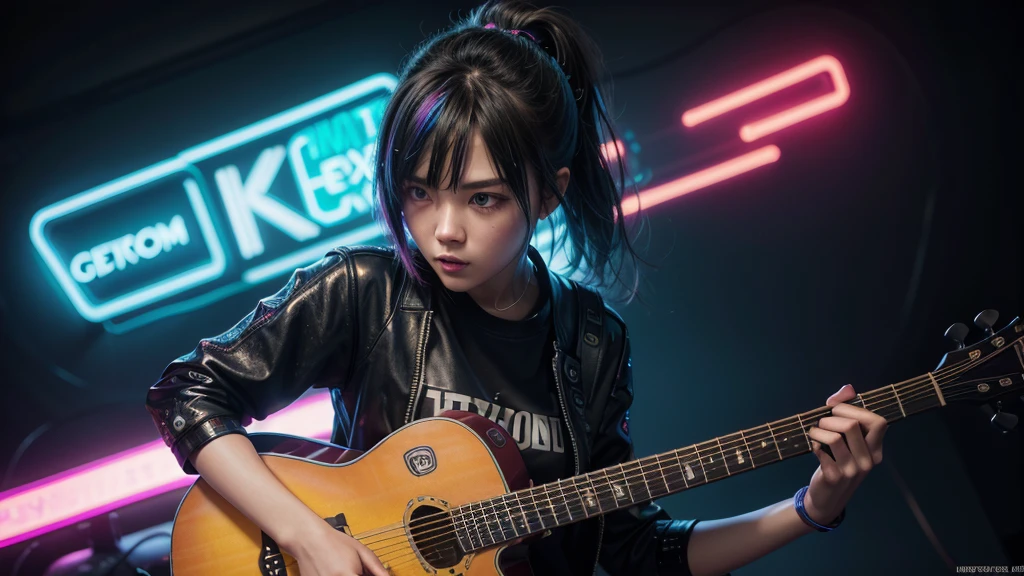 1 girl,guitar hero,playing guitar,video game character,colorful neon lights,futuristic cyberpunk setting,highly detailed portrait,intricate mechanical design,dynamic motion blur,dramatic cinematic pose,glowing holographic user interface,ultra-detailed, 8k, high quality, hyper-realistic, masterpiece, cinematic lighting, vibrant colors