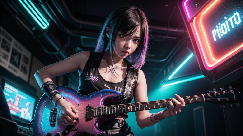 1 girl,guitar hero,playing guitar,video game character,colorful neon lights,futuristic cyberpunk setting,highly detailed portrait,intricate mechanical design,dynamic motion blur,dramatic cinematic pose,glowing holographic user interface,ultra-detailed, 8k, high quality, hyper-realistic, masterpiece, cinematic lighting, vibrant colors