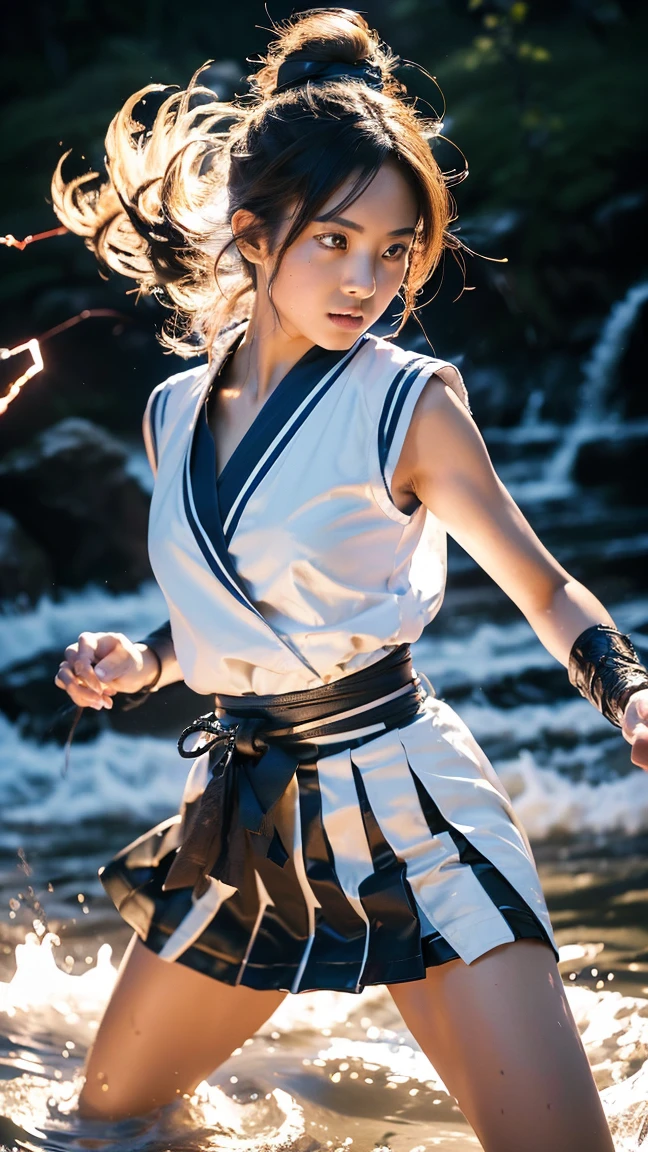 (Ultra HD, Highest quality, High resolution, Surreal, so beautiful), 24000dpi, Beautiful woman, high school girl, Long Tail, head band, Well-formed eyes, greatest visual acuity, 18-year-old, Fascinating, Totally American, Perfect body, Physical Beauty, ((Japanese Sailor Suit:1.3, mini skirt)), (((all, electric japanese knife, Ancient Scabbard, Bidirectional))), Blue Lightning, Charge Move, (Special Move Position), All-in-one, Absurd, (((Anatomically correct))), whole body