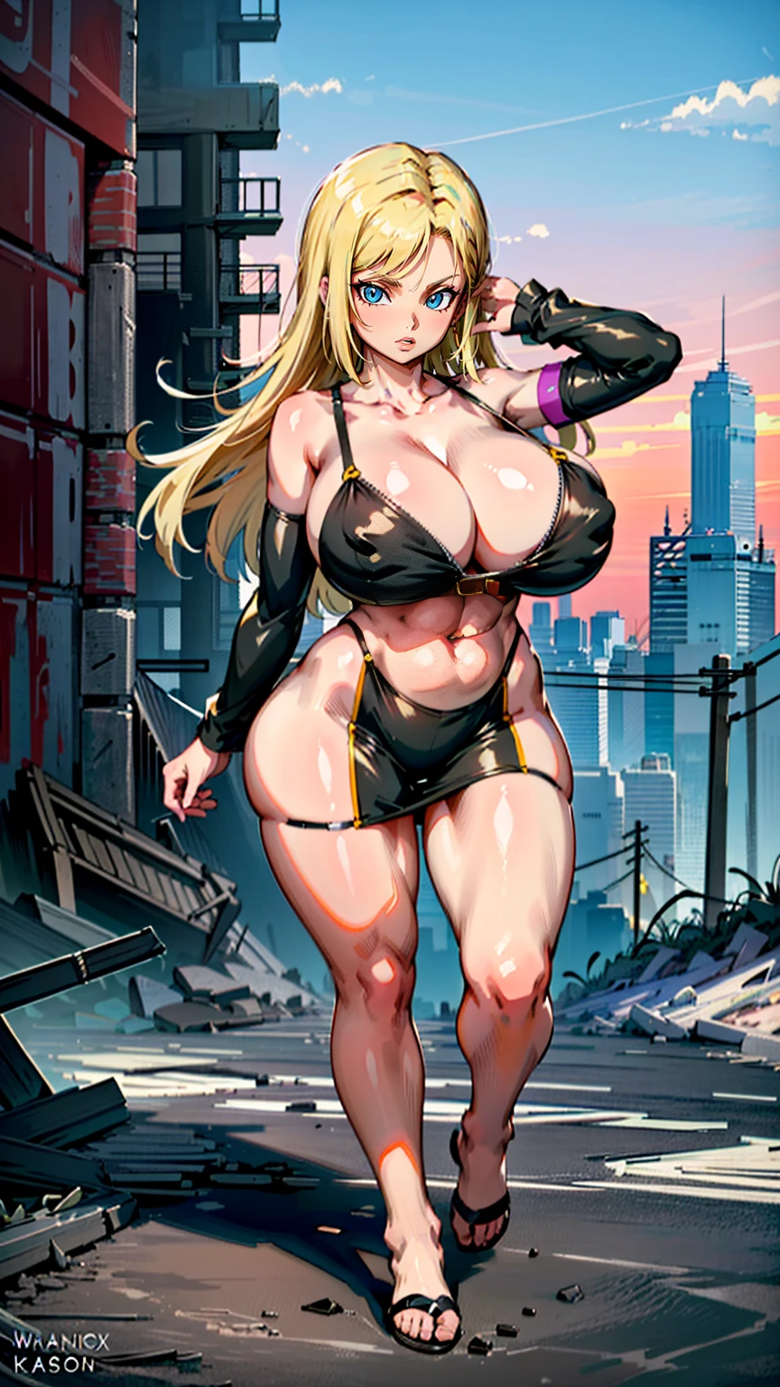 supergirl, pureerosface_v1, sticker of a girl from dc comic, full body, Kim Jung gi, , (gigantic breasts breasts 2.0),soul, digital illustration, comic style, cyberpunk, perfect anatomy, centered, approaching perfection, dynamic, highly detailed, watercolor painting, artstation, concept art, smooth, sharp focus, illustration, art by Carne Griffiths and Wadim Kashin ,, (masterpiece, best quality, ultra-detailed, best shadow),, In the style of Neon Genesis Evangelion, you find yourself standing on a desolate, post - apocalyptic wasteland, as the distant ruins of a massive city loom on the horizon. The sky is filled with ominous clouds, as a massive creature towers in the distance, huge breast, gigantic , titsnipples, curvy, thicc