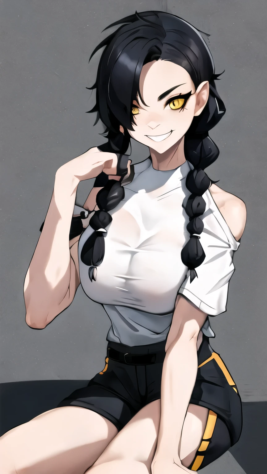 1girl, solo, ultra long hair, looking at viewer, black hair, bandaid on face, yellow eyes, smile, bandaid on nose, braid, bandaid, ultra detailed face, masterpiece, bangs, breasts, bare shoulders, scar, shirt, bare shoulders, white shirt, short sleeves, closed mouth, t-shirt, hair over one eye, portrait, bag, hair over shoulder, shorts, fullbody shot, cute, messy hair