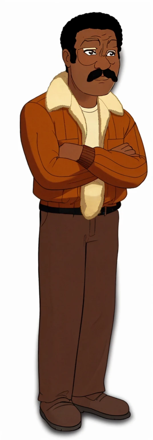 has short, tightly curled hair styled in a rounded shape on top of his head. Looks like Apollo creed from rocky 