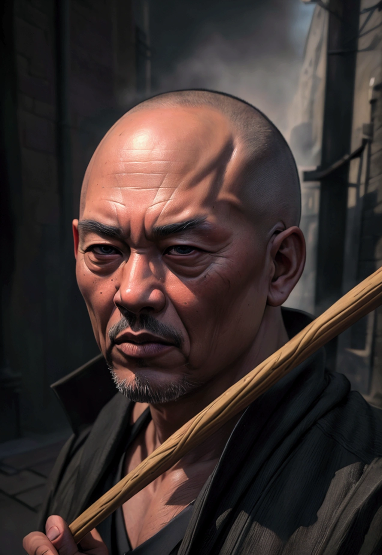 (Highest quality,4K,8k,High resolution,masterpiece:1.2),Very detailed,(Realistic,photoRealistic,photo-Realistic:1.37),anime,Skinhead,round face,Middle-aged Asian man,Wizard Robe,black eye,Holding a snake stick,Grainy cityscape,Dark Alley,Mysterious Shadow,Spectacular Background,Smoke effect,Vibrant colors,Concept Artist,Moody lighting,superpower