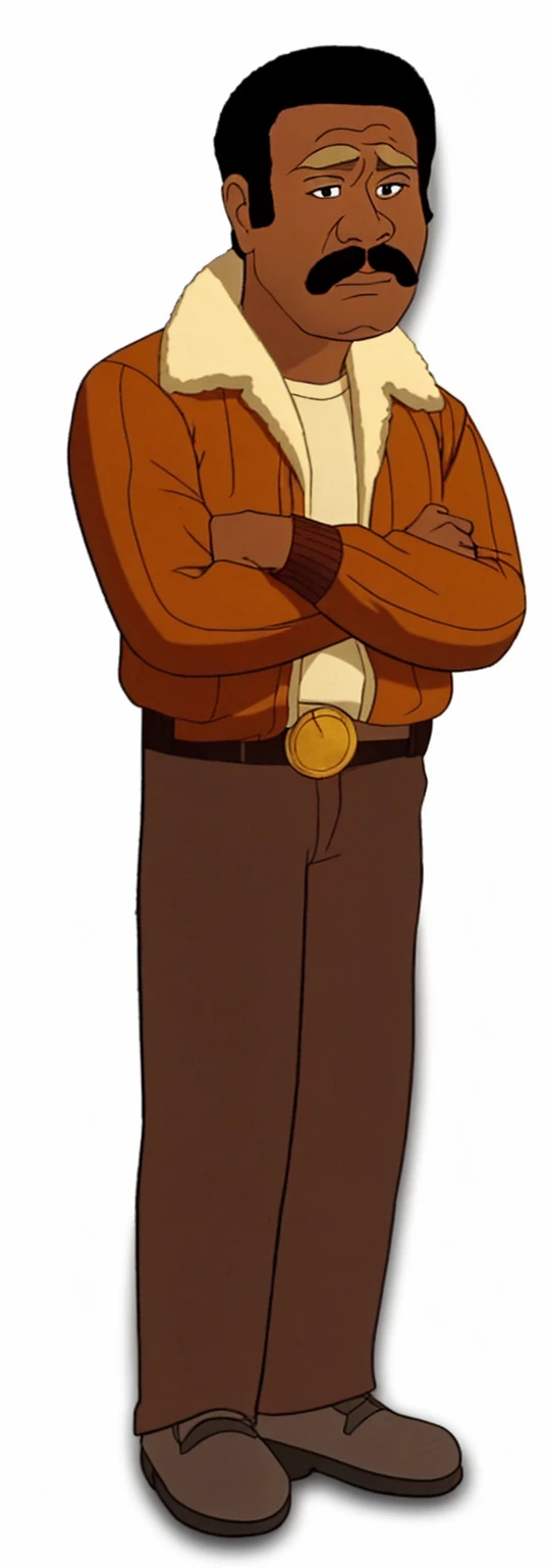 has short, tightly curled hair styled in a rounded shape on top of his head. Looks like Apollo creed from rocky 
