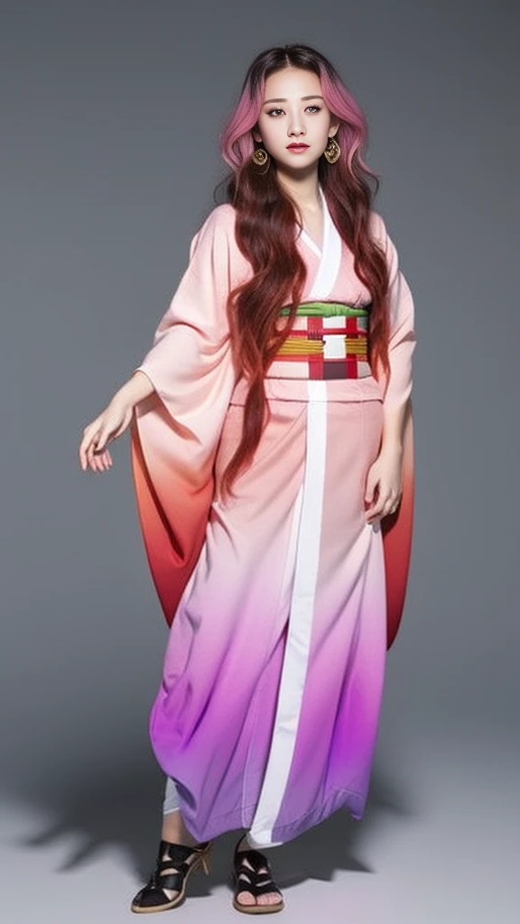 Cute Japanese female, (), (very cute face), white moist skin, looking at camera, melancholy expression,
BREAK,
Idol,
BREAK,
(wearing cute kimono: 1.3), (highly revealing kimono), very large earrings, short length,
BREAK,
(fighting pose: 1.3),
BREAK,
(long hair), (pink hair: 1.2), (wavy hair), (gradient hair: 1.3), (red hair at the ends),
BREAK,
(realistic: 1.3), masterpiece, perfect lighting, (ultra-high resolution), (8K), (highly detailed: 1.4), (from the front), (full body: 1.4), (symmetrical: 1.2),
BREAK,
(Shibuya city in Japan: 1.2),
BREAK,
(Demon Slayer: 1.4),