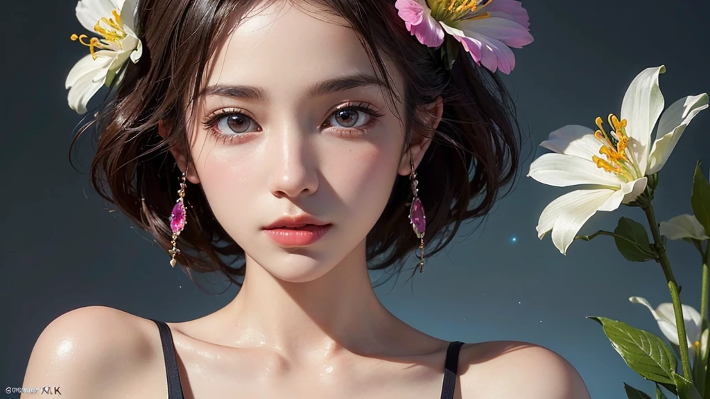 One girl, alone, flower畑, flower, (Official Art, unity 8k wallpaper, Super detailed, beautifully、aesthetic, masterpiece ,Highest quality:1.3), (Dynamic Angle:1.2), (Floating colorful sparkles:1) , elegant, Vibrant colors, Highly detailed face, Detailed eyes, Glowing Skin, Glossy Lips ,
