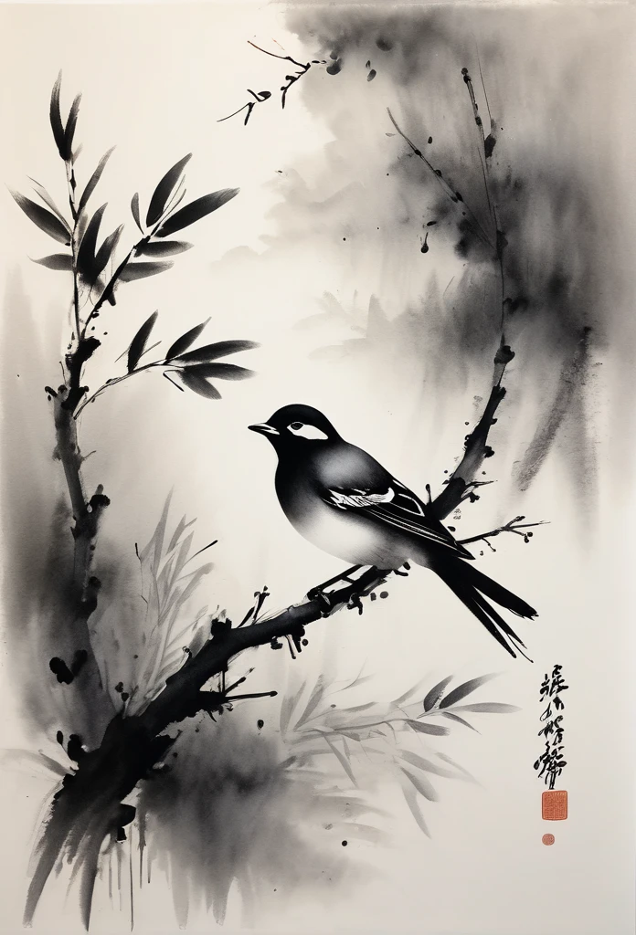 (best quality,highres,masterpiece:1.2),ultra-detailed,ink painting,Minimalist,Chinese style,bird on a branch,loose brushstrokes, composition,subtle textures,elegant simplicity,dynamic ink flow,expressive ink marks,black and white,eye-catching,fine details,zen-like,traditional technique,artistic interpretation,serene atmosphere,minimalist aesthetic,calming ambiance,full of symbolism,subtle gradations,harmonious balance,atmospheric perspective,peaceful tranquility,sparse background,thoughtful strokes,powerful simplicity,tranquil nature,balance of positive and negative space,graceful movement,lively brushwork,natural harmony,ethereal beauty,traditional brush and ink technique,serene representation,artistic minimalism,nature's tranquility,delicate lines,dreamlike ambiance,soothing black ink,subtle ink washes,symbolic imagery