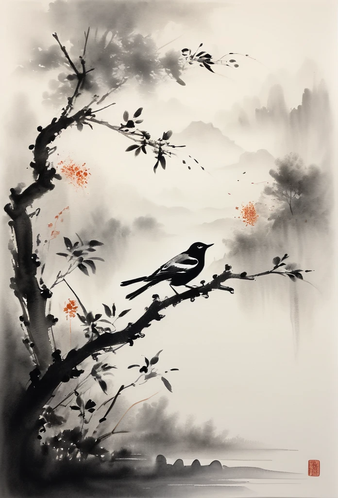 (best quality,highres,masterpiece:1.2),ultra-detailed,ink painting,Minimalist,Chinese style,bird on a branch,loose brushstrokes, composition,subtle textures,elegant simplicity,dynamic ink flow,expressive ink marks,black and white,eye-catching,fine details,zen-like,traditional technique,artistic interpretation,serene atmosphere,minimalist aesthetic,calming ambiance,full of symbolism,subtle gradations,harmonious balance,atmospheric perspective,peaceful tranquility,sparse background,thoughtful strokes,powerful simplicity,tranquil nature,balance of positive and negative space,graceful movement,lively brushwork,natural harmony,ethereal beauty,traditional brush and ink technique,serene representation,artistic minimalism,nature's tranquility,delicate lines,dreamlike ambiance,soothing black ink,subtle ink washes,symbolic imagery