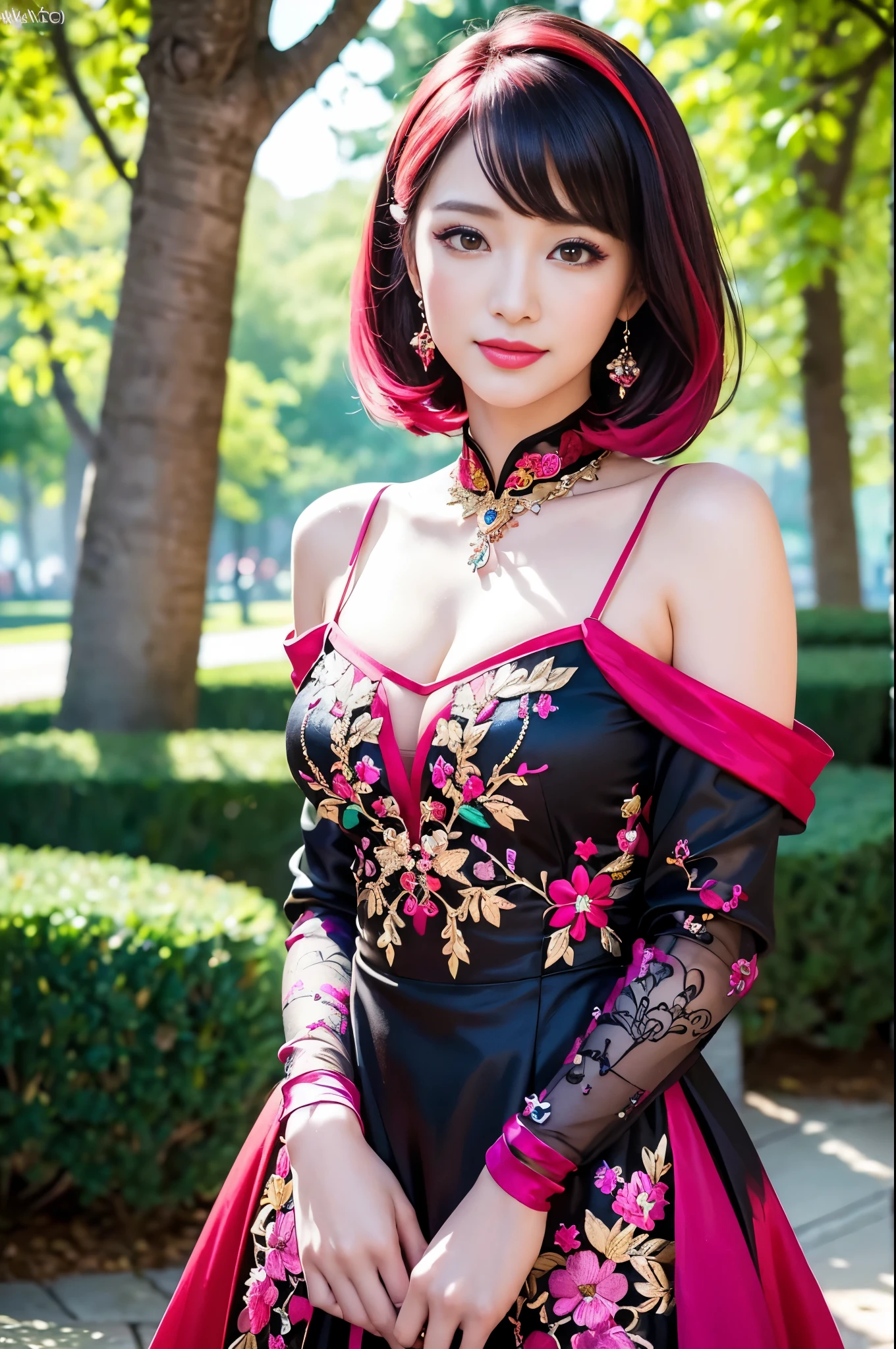 (masterpiece:1.4), (best quality:1.4), ultra high res, ultra high resolution, ((detailed facial features)), HDR, (realistic, photorealistic, photo-realistic:1.37), full body Esbian, sexy Vietnamese model, (-anime), vivid colors, ((vivid colors multicolor (red, fuchsia) very short hair)), (happy smile), lip-gloss, long lashes, ultra detailed metallic makeup, defined eyebrows, wearing large sparkling colorful jewelery, wearing a red silk Paradise Kiss cosplay dress with black floral embroidery, ((vivid colors outfit)), vivid colors, look at the camera, cinematic light, large park background with trees, sweet and sexy pose