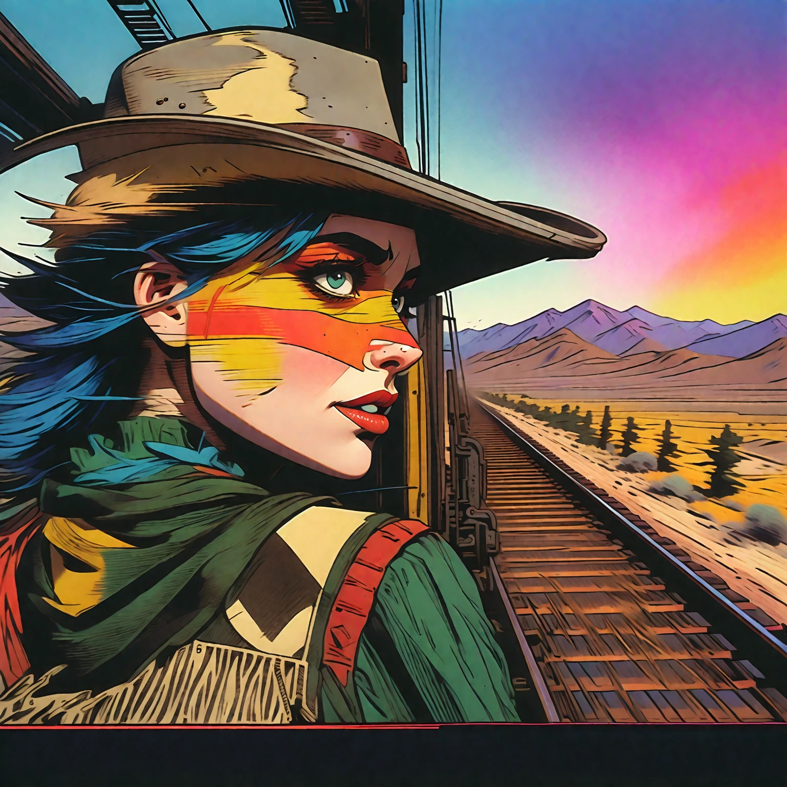 Tank Girl, riding the rear brakeman's end of the caboose, outfit distinct homage to cobow western, (jamie hewlett style reference), upclose zoom, portrait, candid, close-up of face, hand drawn, cartoon, animated, 1990's comic, (full roygbiv color) ink charcoal expressive illustration, sense of movement and energy as the train rides through the sierra ranges, background the western plains in the distance, no light source, darkness, light mask uv rays across face, absurd, with rich color grading, cel shading, warm and unified colors, rotoscope, animated, VHS, glitch, distorted, nostalgia, 90's retro vibe, hyper maximal, strange, hyperrealistic, rotoscope expressive ink bold line hand drawn, in a cinematic style, analog tape, vcr aesthetics, tv, television, hand drawn, minimal, precise, 

