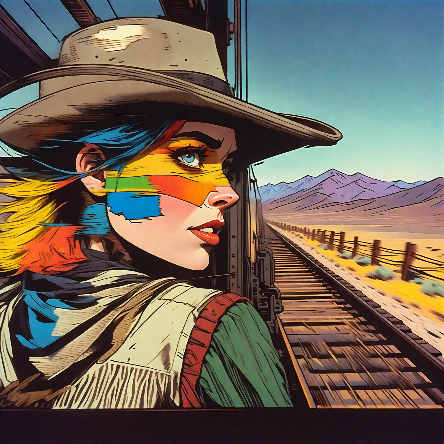 Tank Girl, riding the rear brakeman's end of the caboose, outfit distinct homage to cobow western, (jamie hewlett style reference), upclose zoom, portrait, candid, close-up of face, hand drawn, cartoon, animated, 1990's comic, (full roygbiv color) ink charcoal expressive illustration, sense of movement and energy as the train rides through the sierra ranges, background the western plains in the distance, no light source, darkness, light mask uv rays across face, absurd, with rich color grading, cel shading, warm and unified colors, rotoscope, animated, VHS, glitch, distorted, nostalgia, 90's retro vibe, hyper maximal, strange, hyperrealistic, rotoscope expressive ink bold line hand drawn, in a cinematic style, analog tape, vcr aesthetics, tv, television, hand drawn, minimal, precise,