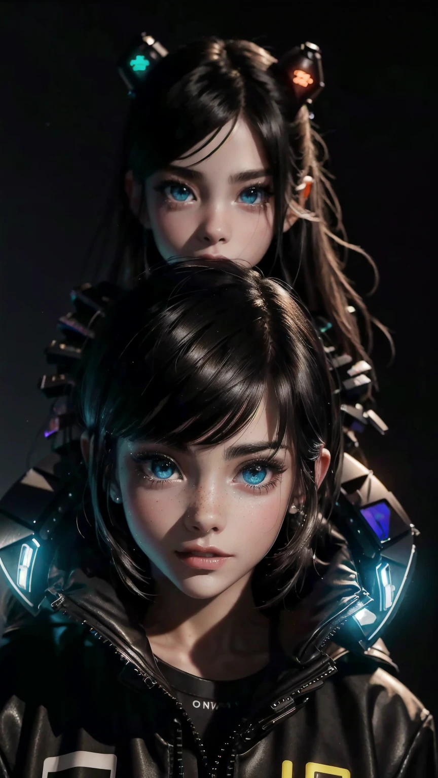 masterpiece, Best Quality, half body, portrait, city at night, 1 girl, alone, cheered up, 3D, Japan, pixar, realist, young girl, smiling, beautiful face, harajuku fashion style, cyberpunk coat with neon lights, beautiful, showy, Neon lights, cyberpunk, seeds skin, illustration, art station, stanley artgerm lau painting, side glance, foreshortening, 8k extremadamente detallado, seeds, High resolution, ultra quality, very detailed eyes, very detailed mouth, Very detailed face, Perfect eyes, Both eyes are the same, true light, Glare, iridescent, global illumination, real hair movement, true light, real shadow, The real way, High Definition, 2k, 4k, 8k, 16k, realist light, realist shadow, bright Eyes, fluorescent eyes, luz outfit, dream light