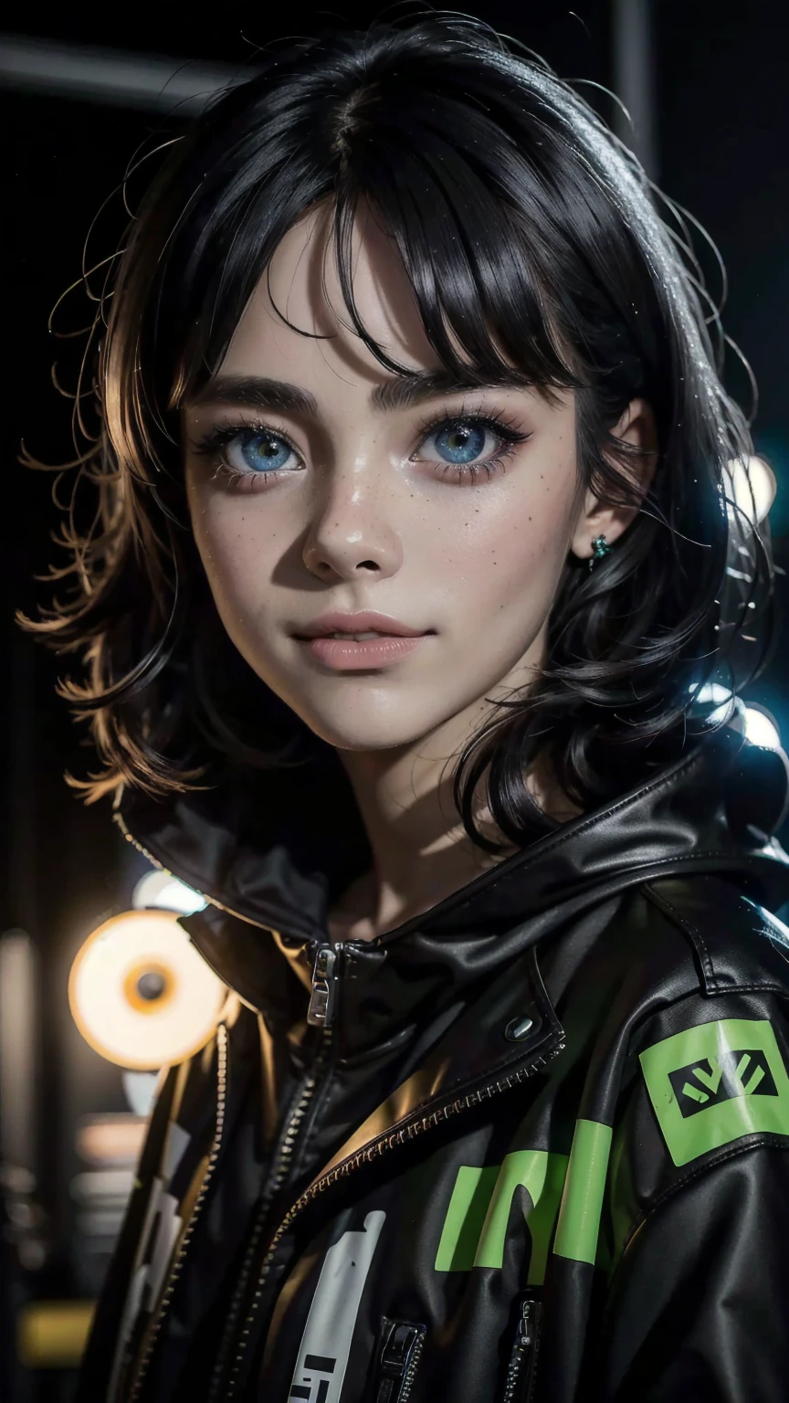masterpiece, Best Quality, half body, portrait, city at night, 1 girl, alone, cheered up, 3D, Japan, pixar, realist, young girl, smiling, beautiful face, harajuku fashion style, cyberpunk coat with neon lights, beautiful, showy, Neon lights, cyberpunk, seeds skin, illustration, art station, stanley artgerm lau painting, side glance, foreshortening, 8k extremadamente detallado, seeds, High resolution, ultra quality, very detailed eyes, very detailed mouth, Very detailed face, Perfect eyes, Both eyes are the same, true light, Glare, iridescent, global illumination, real hair movement, true light, real shadow, The real way, High Definition, 2k, 4k, 8k, 16k, realist light, realist shadow, bright Eyes, fluorescent eyes, luz outfit, dream light