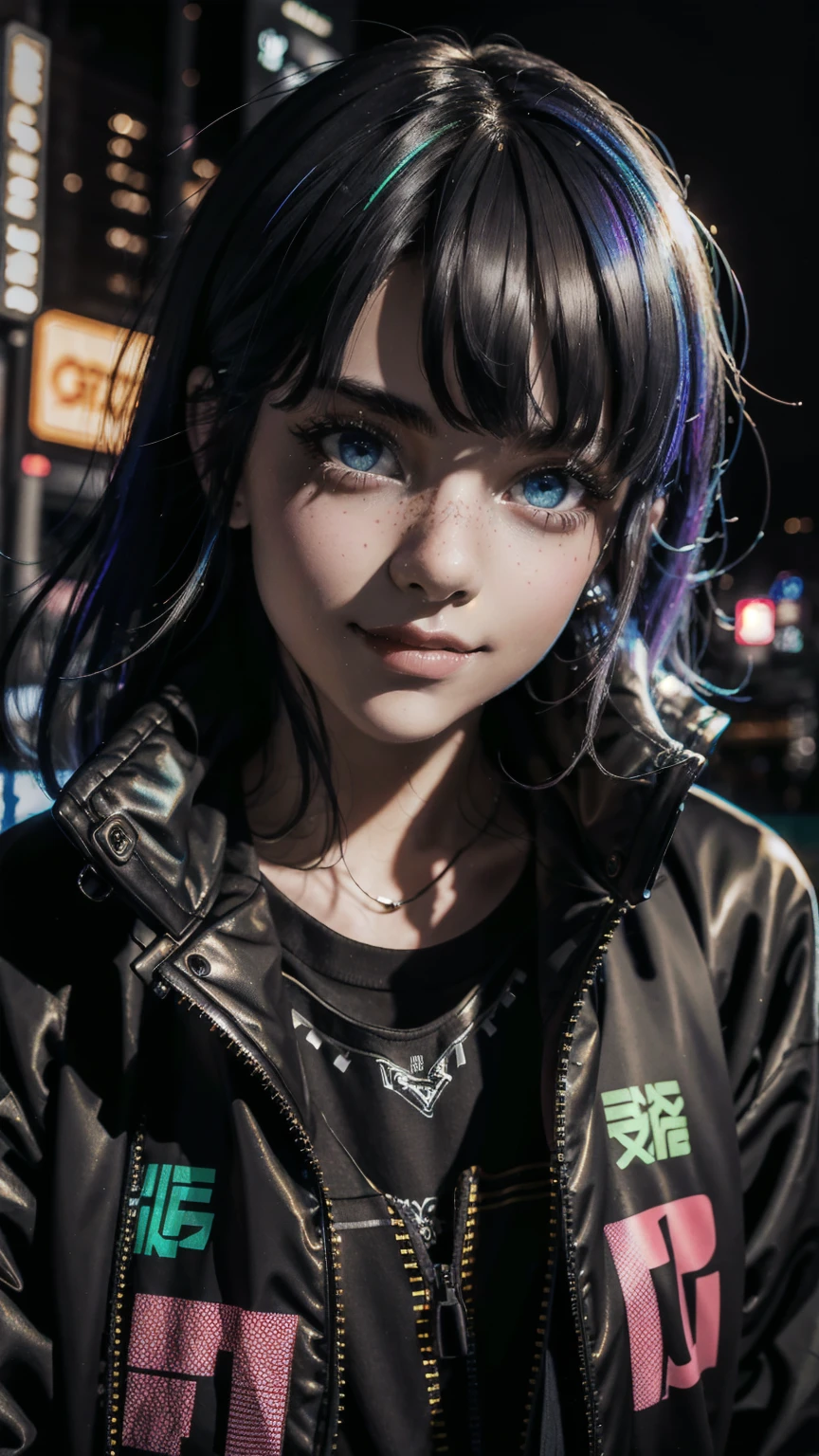 masterpiece, Best Quality, half body, portrait, city at night, 1 girl, alone, cheered up, 3D, Japan, pixar, realist, young girl, smiling, beautiful face, harajuku fashion style, cyberpunk coat with neon lights, beautiful, showy, Neon lights, cyberpunk, seeds skin, illustration, art station, stanley artgerm lau painting, side glance, foreshortening, 8k extremadamente detallado, seeds, High resolution, ultra quality, very detailed eyes, very detailed mouth, Very detailed face, Perfect eyes, Both eyes are the same, true light, Glare, iridescent, global illumination, real hair movement, true light, real shadow, The real way, High Definition, 2k, 4k, 8k, 16k, realist light, realist shadow, bright Eyes, fluorescent eyes, luz outfit, dream light