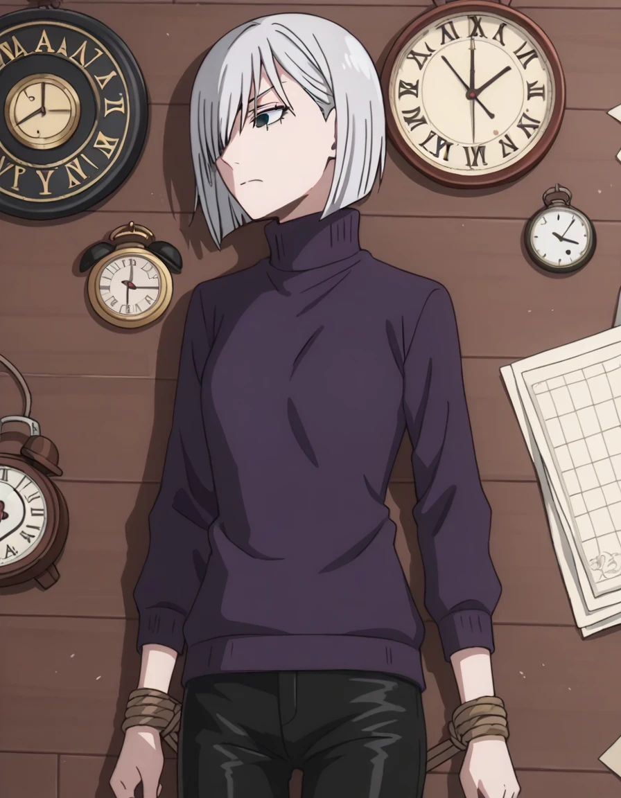 score_9, score_8_superior, score_7_superior, sauce_anime,
Fiona Frost, Fiona Frost, Gray Hair, short hair, Hair on one eye, Grey Eyes,
Long sleeve, pants, sweater, turtleneck, black pants, clock, turtleneck sweater, wristclock, purple sweater,
indoor,Tied up with rope,gag,Lying down,Struggling,