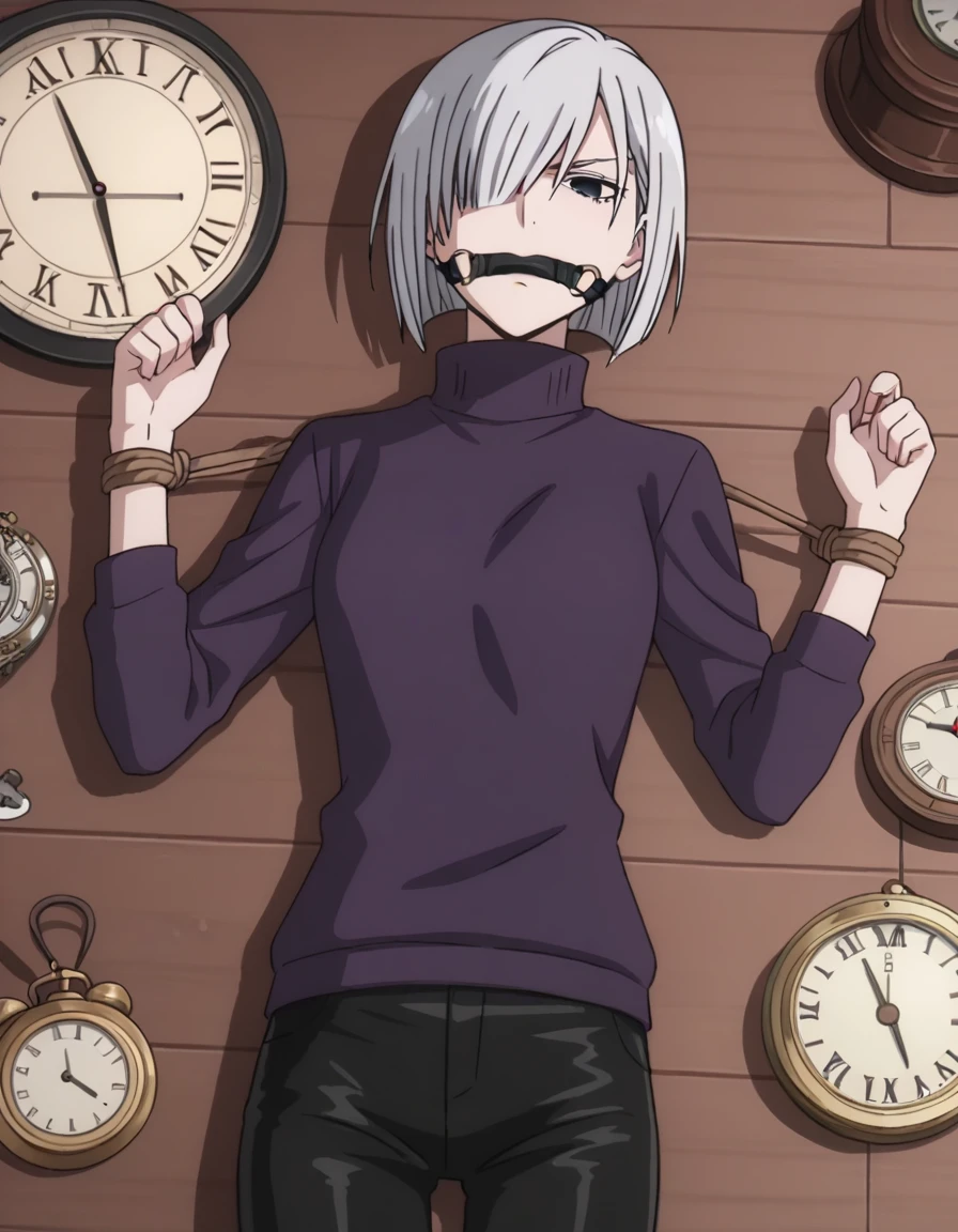 score_9, score_8_superior, score_7_superior, sauce_anime,
Fiona Frost, Fiona Frost, Gray Hair, short hair, Hair on one eye, Grey Eyes,
Long sleeve, pants, sweater, turtleneck, black pants, clock, turtleneck sweater, wristclock, purple sweater,
indoor,Tied up with rope,gag,Lying down,Struggling,