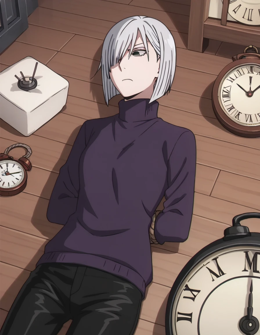 score_9, score_8_superior, score_7_superior, sauce_anime,
Fiona Frost, Fiona Frost, Gray Hair, short hair, Hair on one eye, Grey Eyes,
Long sleeve, pants, sweater, turtleneck, black pants, clock, turtleneck sweater, wristclock, purple sweater,
indoor,Tied up with rope,gag,Lying down,Struggling,