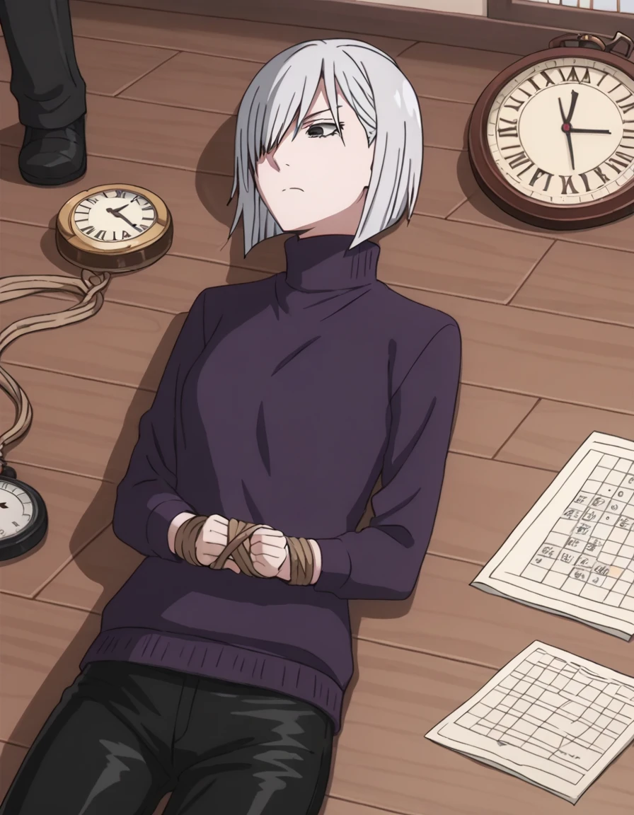 score_9, score_8_superior, score_7_superior, sauce_anime,
Fiona Frost, Fiona Frost, Gray Hair, short hair, Hair on one eye, Grey Eyes,
Long sleeve, pants, sweater, turtleneck, black pants, clock, turtleneck sweater, wristclock, purple sweater,
indoor,Tied up with rope,gag,Lying down,Struggling,