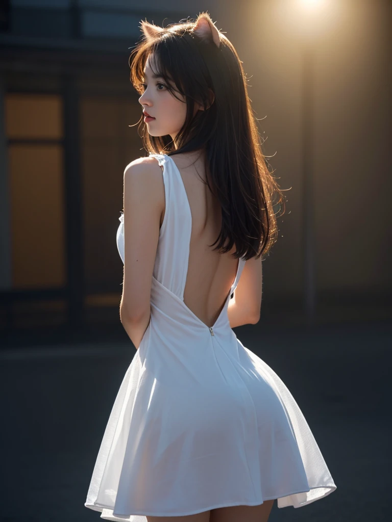 Best quality,masterpiece,Ultra-high resolution,RAW photos, Cat ears,cute,In the light,deep shadow,Low profile,Cold Light,sexy look,Long hair,((best quality: 1.5)) ((masterpiece: 0.8)), Intricate details, Clear focus, professional, real life, Dynamic poses, Back, ((([Back])))),Wear a dress,((((Rear view)))),Hips,Can&#39;t see the face,
